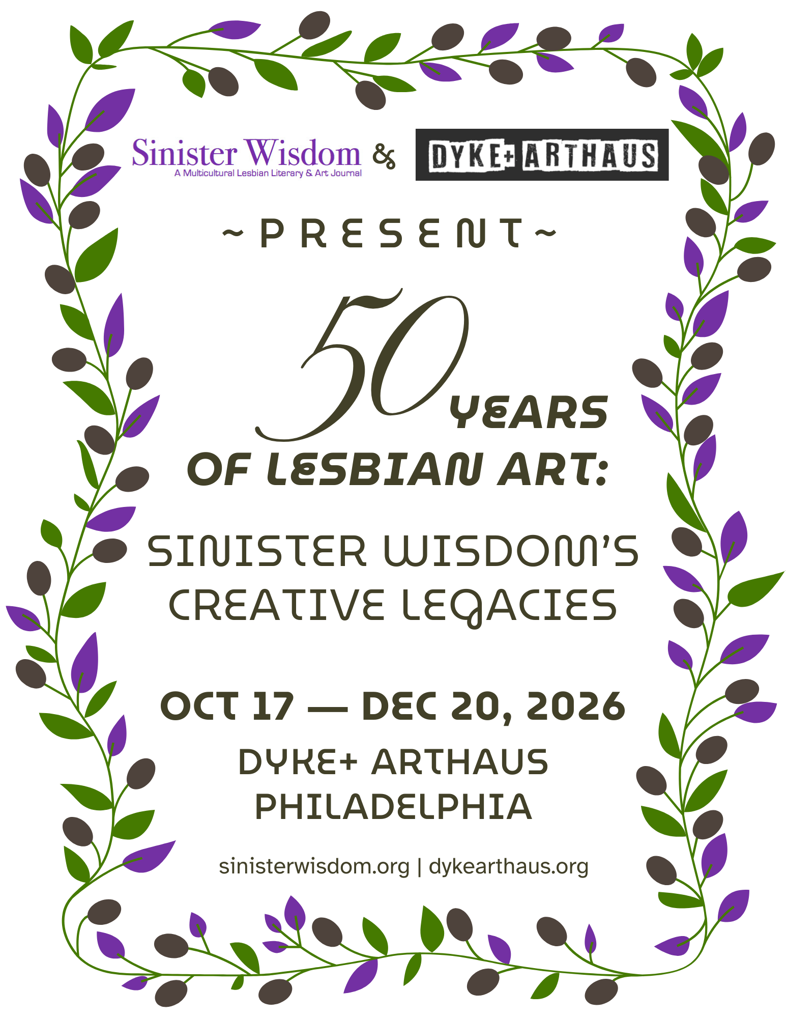 50 YEARS OF LESBIAN ART: SINISTER WISDOM'S CREATIVE LEGACIES: Oct 17, 2026 - Dec 20, 2026