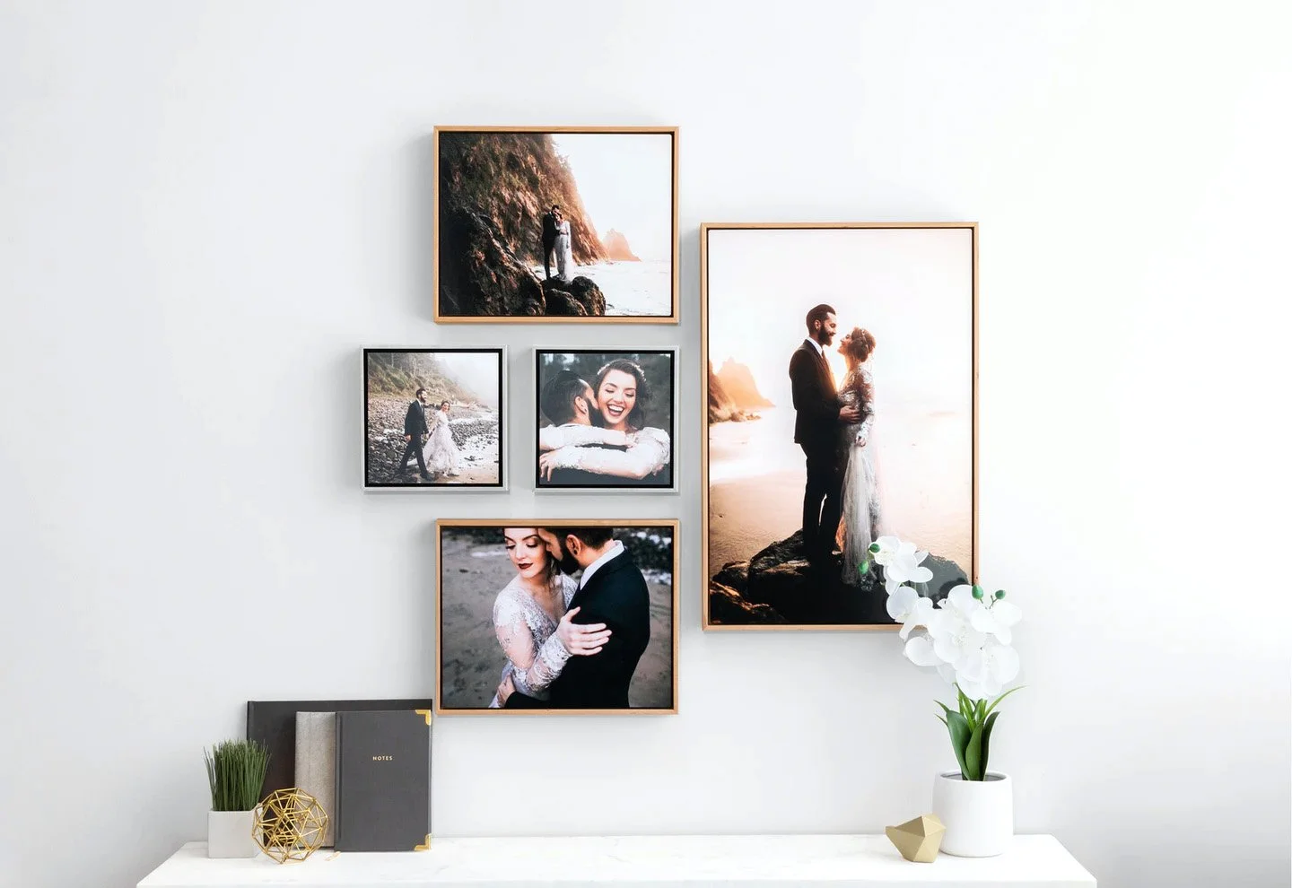 whcc_multiple-wood-and-metallic-float-frames_lifestyle_wedding-wall-collage.jpg