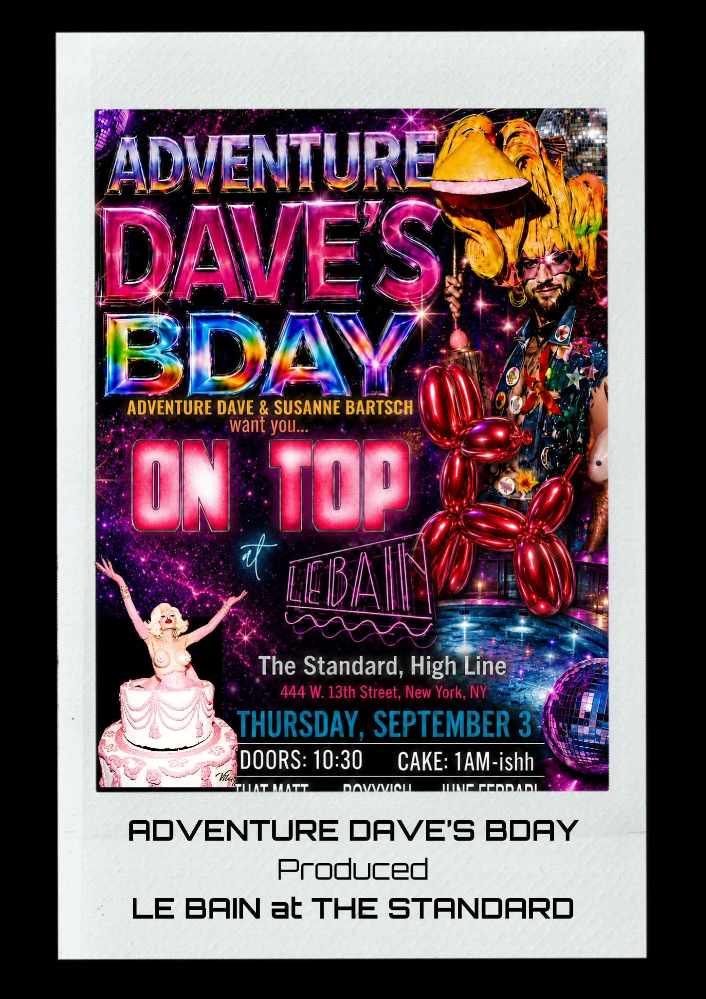 Neon-lit event poster for Adventure Dave's birthday celebration at The Standard, High Line, New York on Thursday, September 3rd, with details about doors and cake times, featuring vibrant graphics including balloons, disco balls, and a performer.