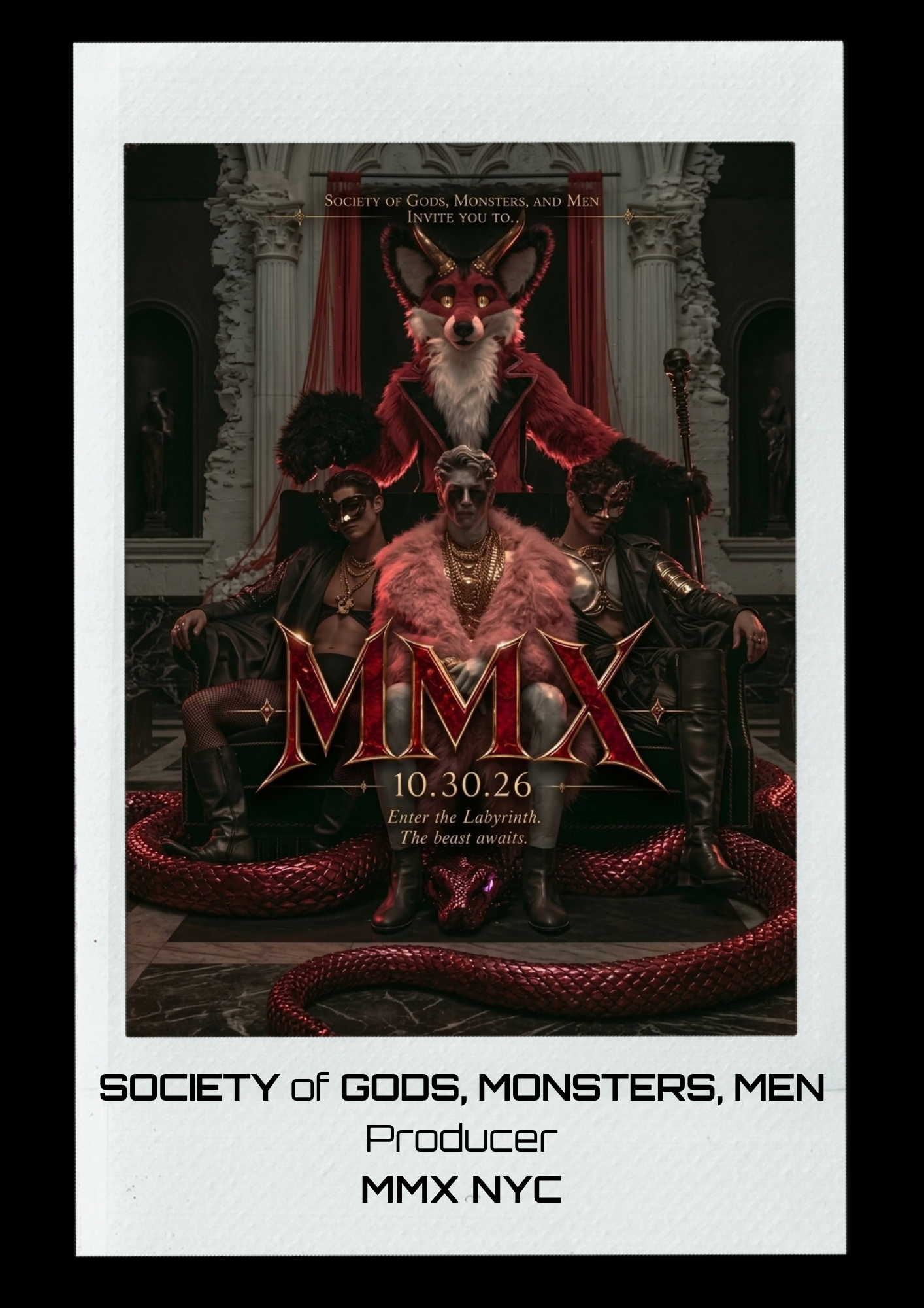 A promotional poster for an event called MMX, scheduled for October 30, 2026, featuring a figure in a pink fur coat with gold chains, sitting on a throne with a red snake coiled around the base, and a large anthropomorphic fox dressed as a demon behi