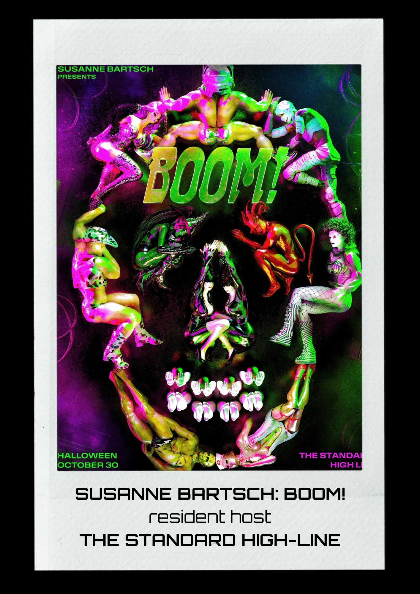 Poster featuring a neon-outlined skull with various human and animal figures in surreal poses, with bright, contrasting colors and bold text, promoting a Halloween event and a guest host, Susanne Bartsch.