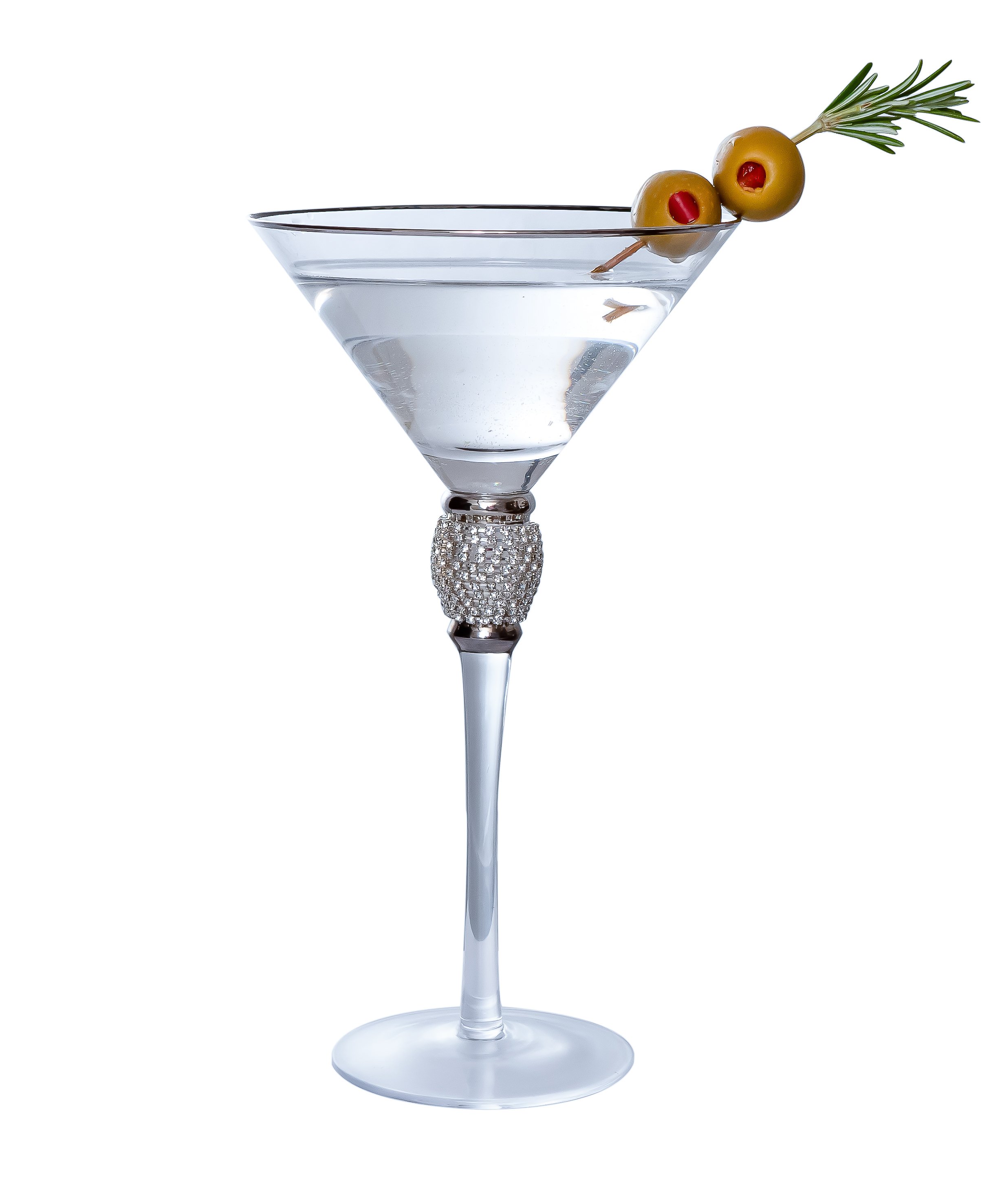 A martini glass filled with clear liquid, garnished with green olives on a skewer and a sprig of rosemary.