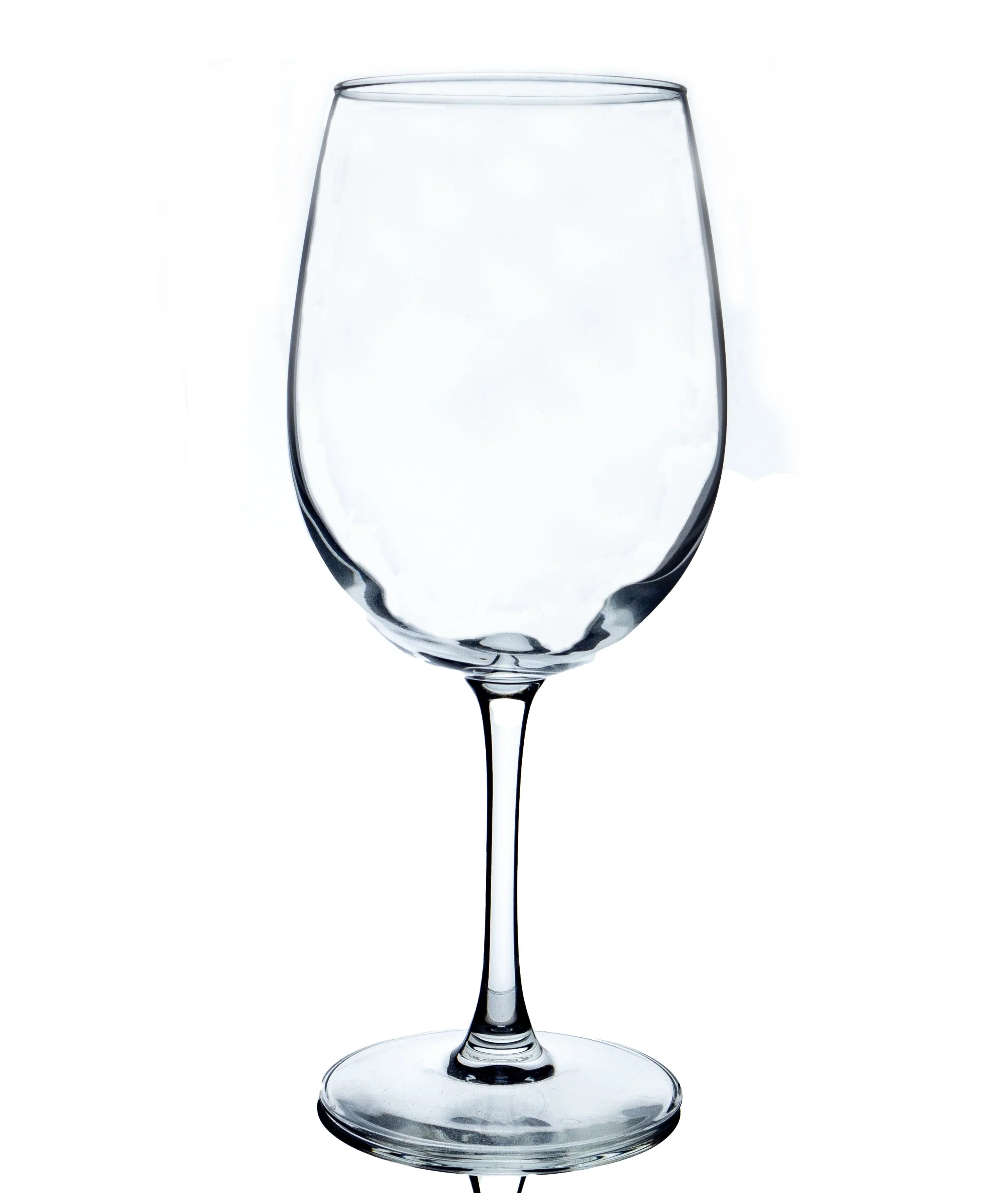 Empty clear wine glass with a long stem and rounded bowl on a white background.