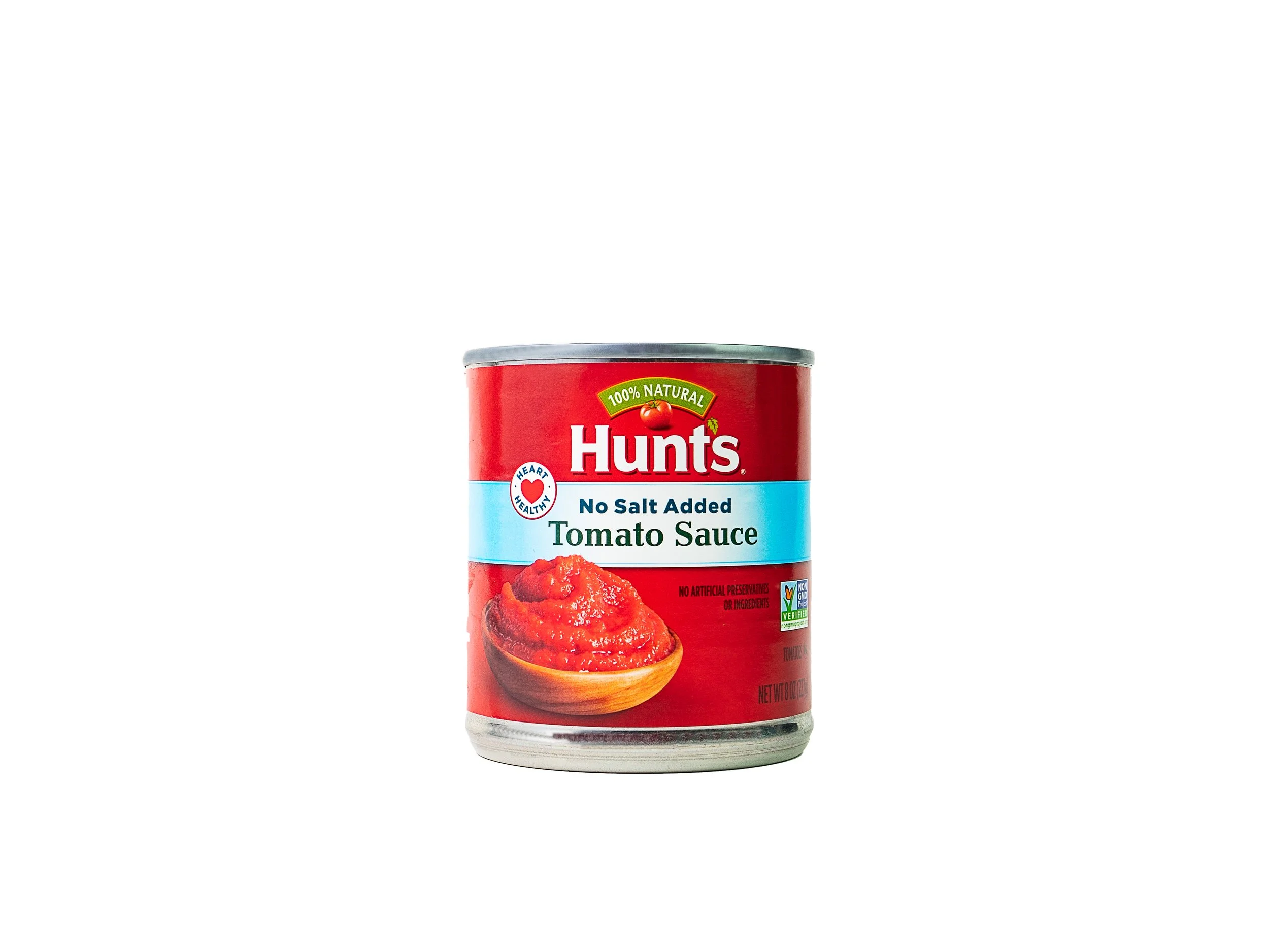 A can of Hunt's no salt added tomato sauce with a red label, a blue stripe, and an image of tomato sauce in a bowl.