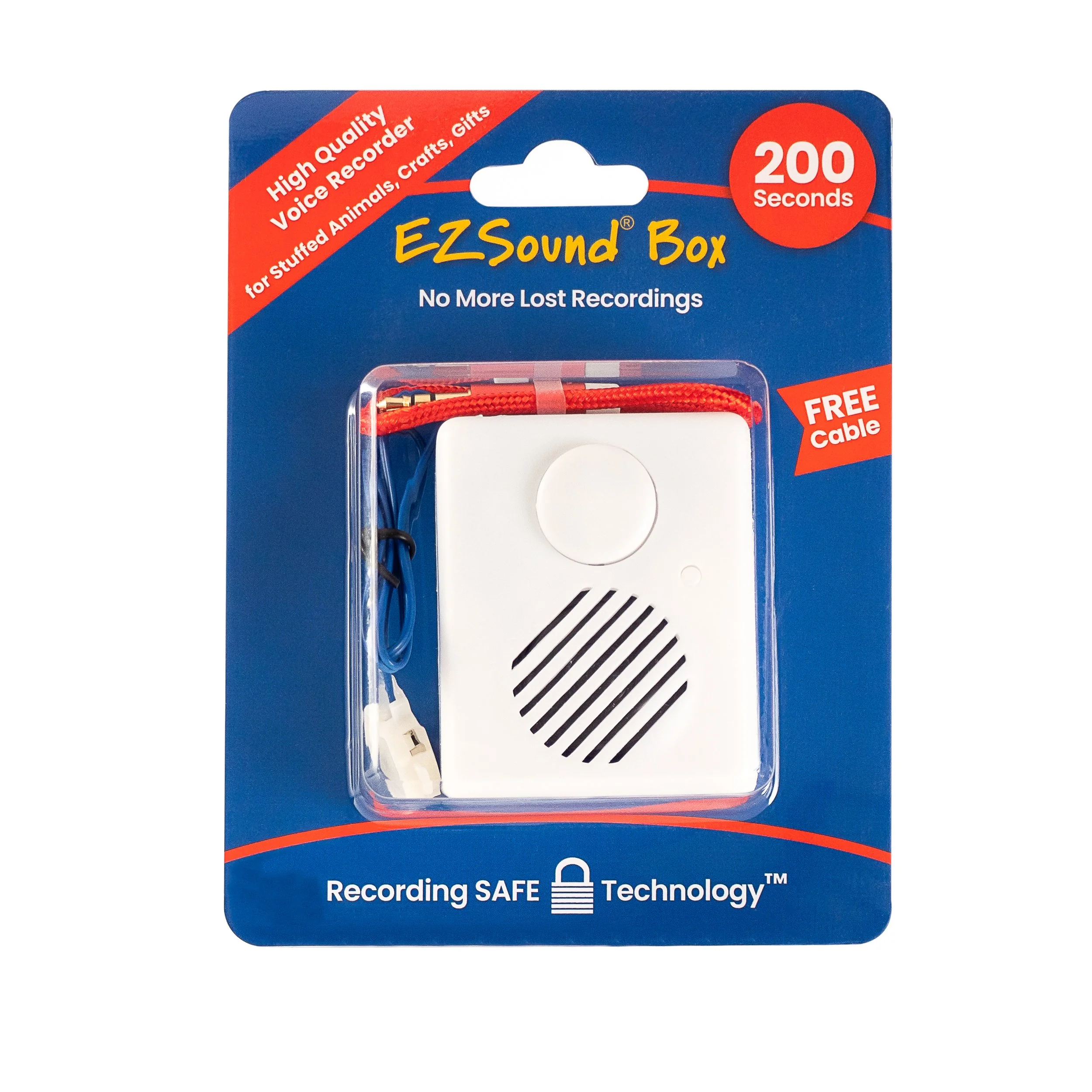 Packaging of EZSound Box, a voice recorder for stuffed animals and crafts, with a red cord and white device, labeled as 200 seconds of recording time and featuring free cable.