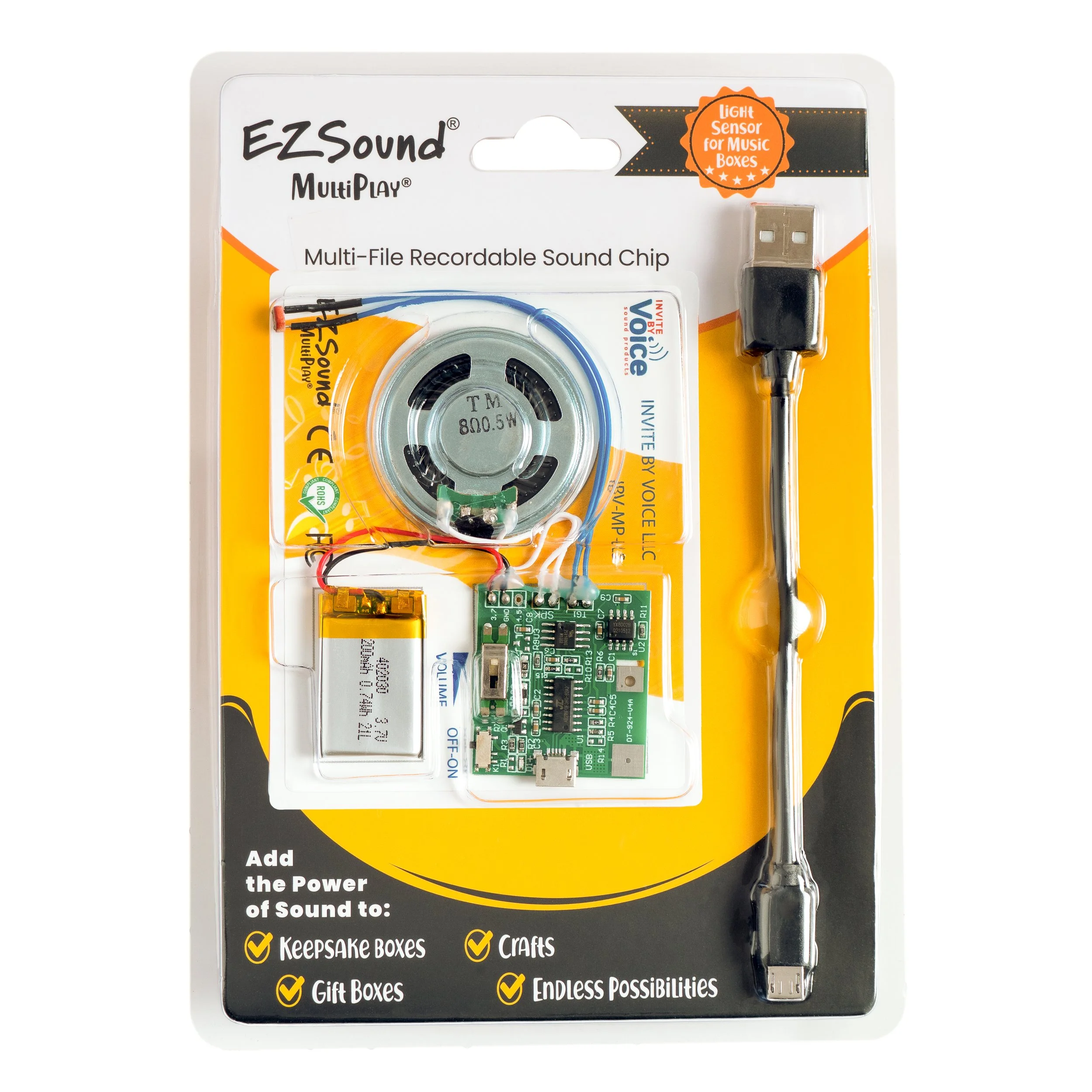 A packaged electronic sound kit with components including a USB cable, a small circuit board, a speaker, a battery, and a metal rod, labeled for making sound-enabled crafts and gift boxes.