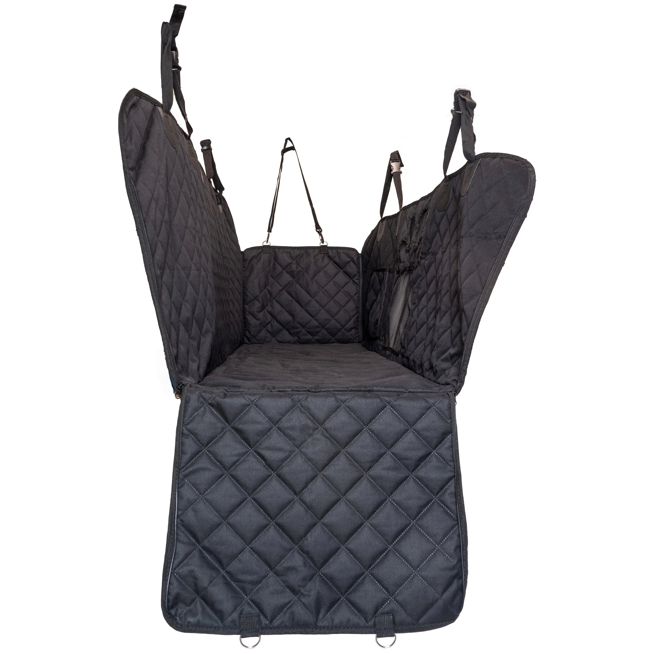 Black quilted pet travel carrier with open top view.