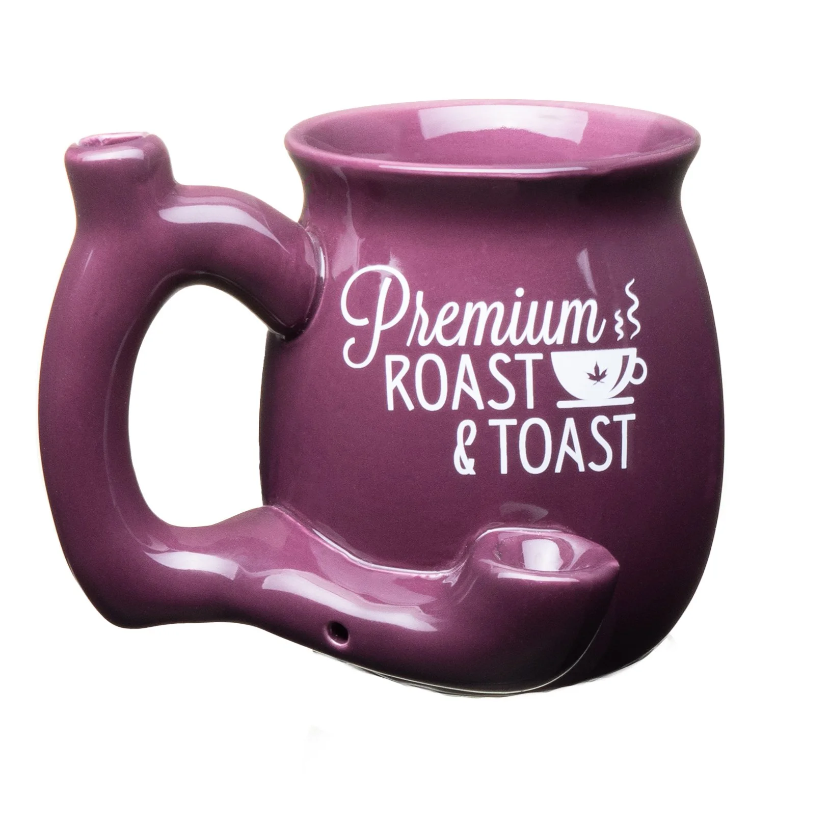 A purple ceramic mug shaped like a vintage telephone with white text reading 'Premium Roast & Toast' and a steaming coffee cup graphic.