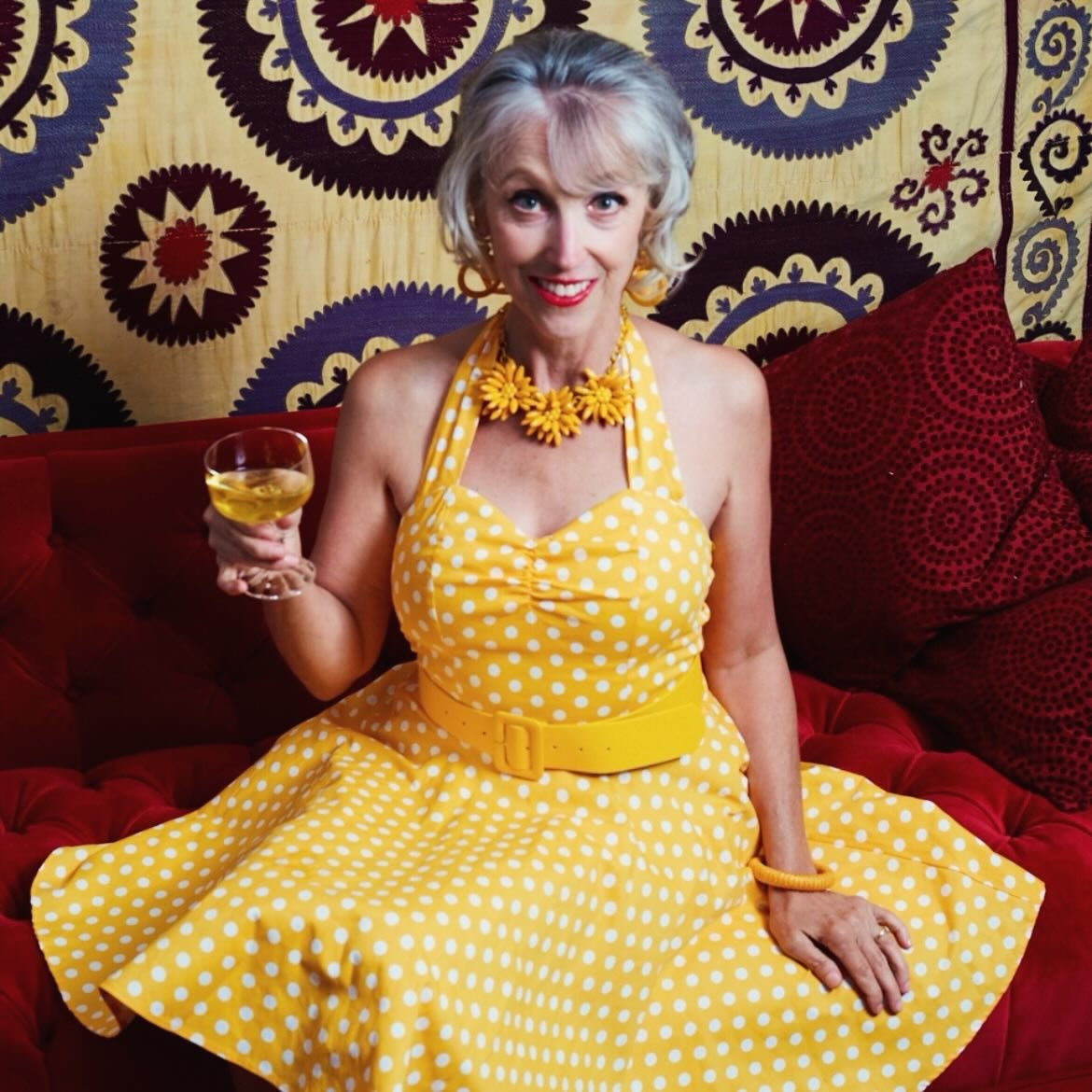 Radiating confidence, style, and a splash of vintage charm! Cheers to embracing life in full color. ✨💛🍸 #TimelessBeauty #BoldAndBright