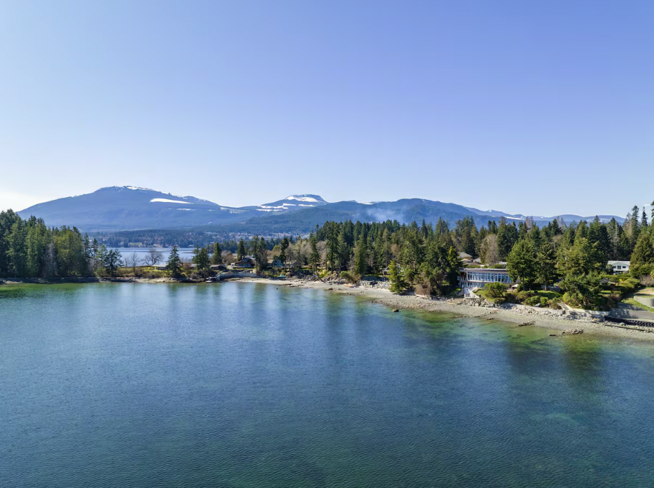 Scenic view of a waterfront with a forested shoreline, blue water, and distant snow-capped mountains under a clear sky.
