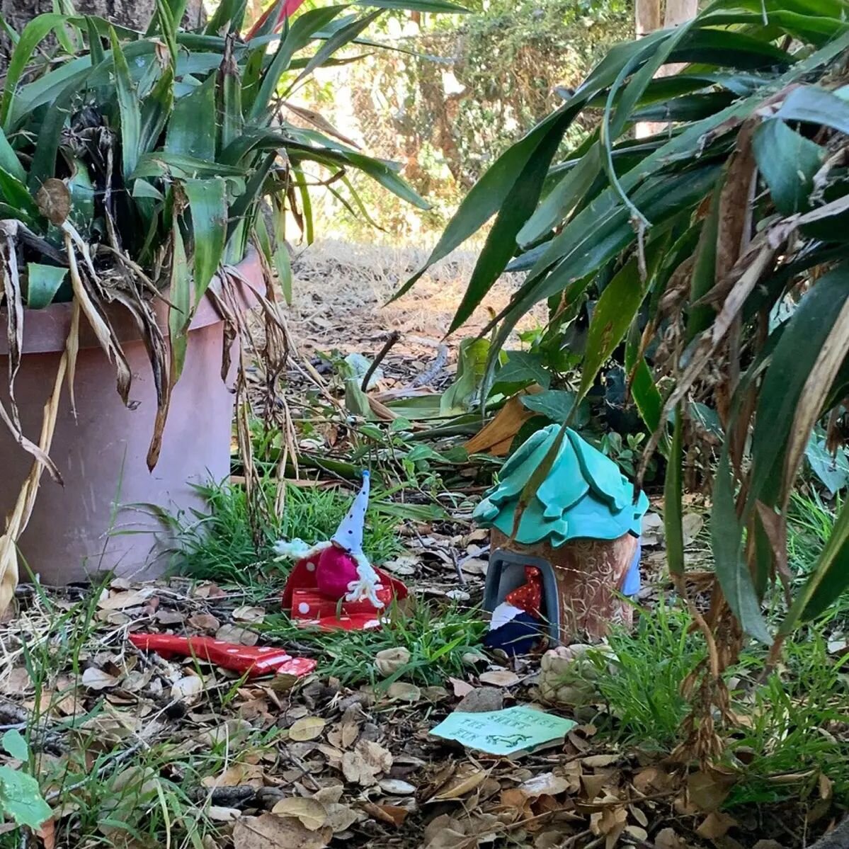 This marked our second visit to Josie De La Cruz Park in Oakland.  This is a huge park with two playgrounds, a ball field, and a big community garden.  And in one corner we found this cute spot to set our fairy house.  We left a couple gnomes to enjo