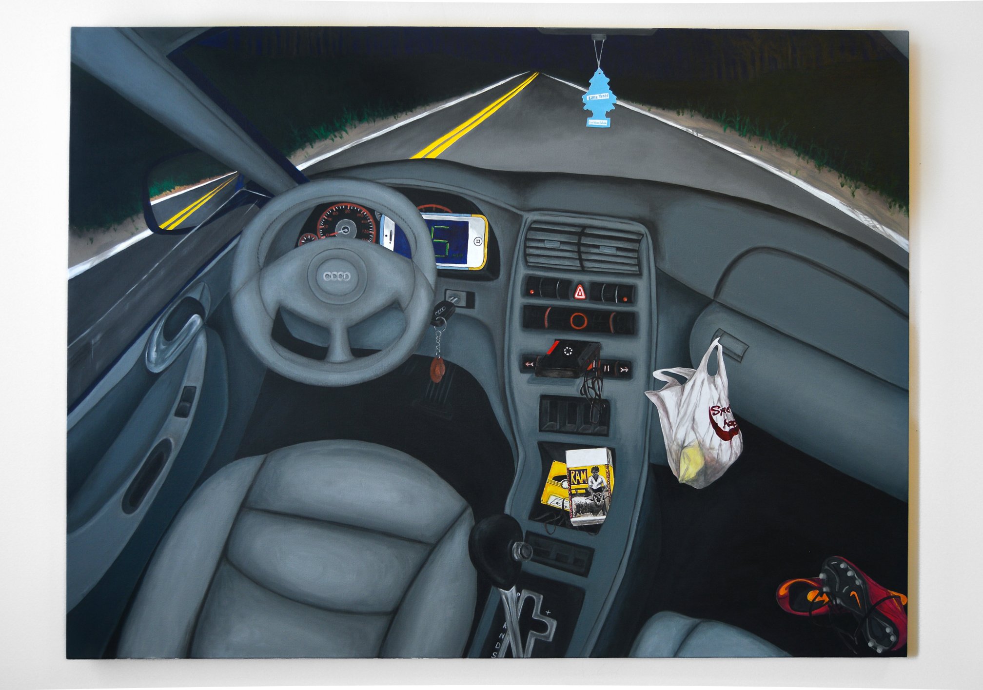 Up in smoke at the county fair, 2022, acrylic, paper, and gouache on canvas, 3 x 4 ft.