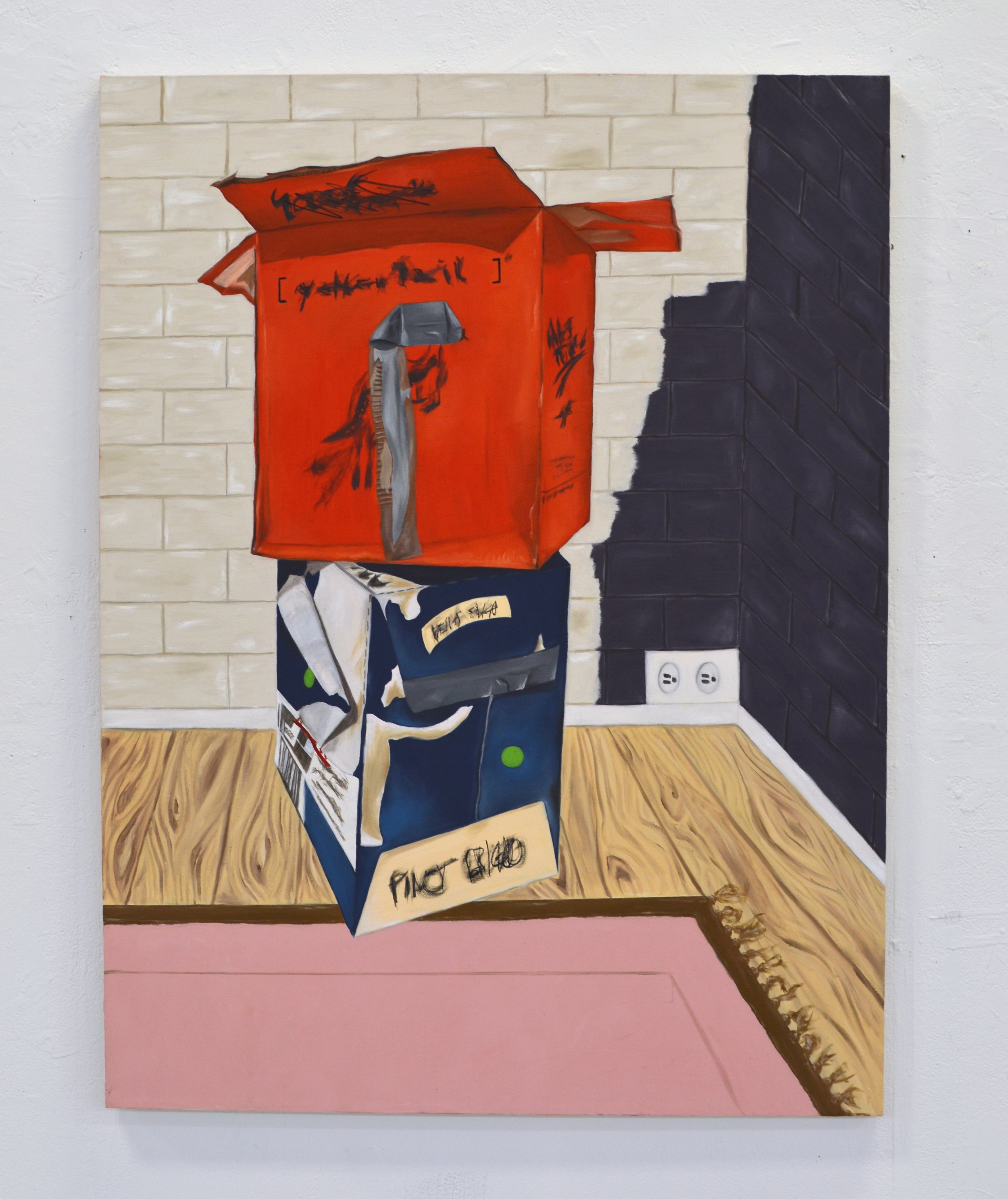 Safety Boxes, 2018, oil, sharpie, on canvas, 50 x 41 in.