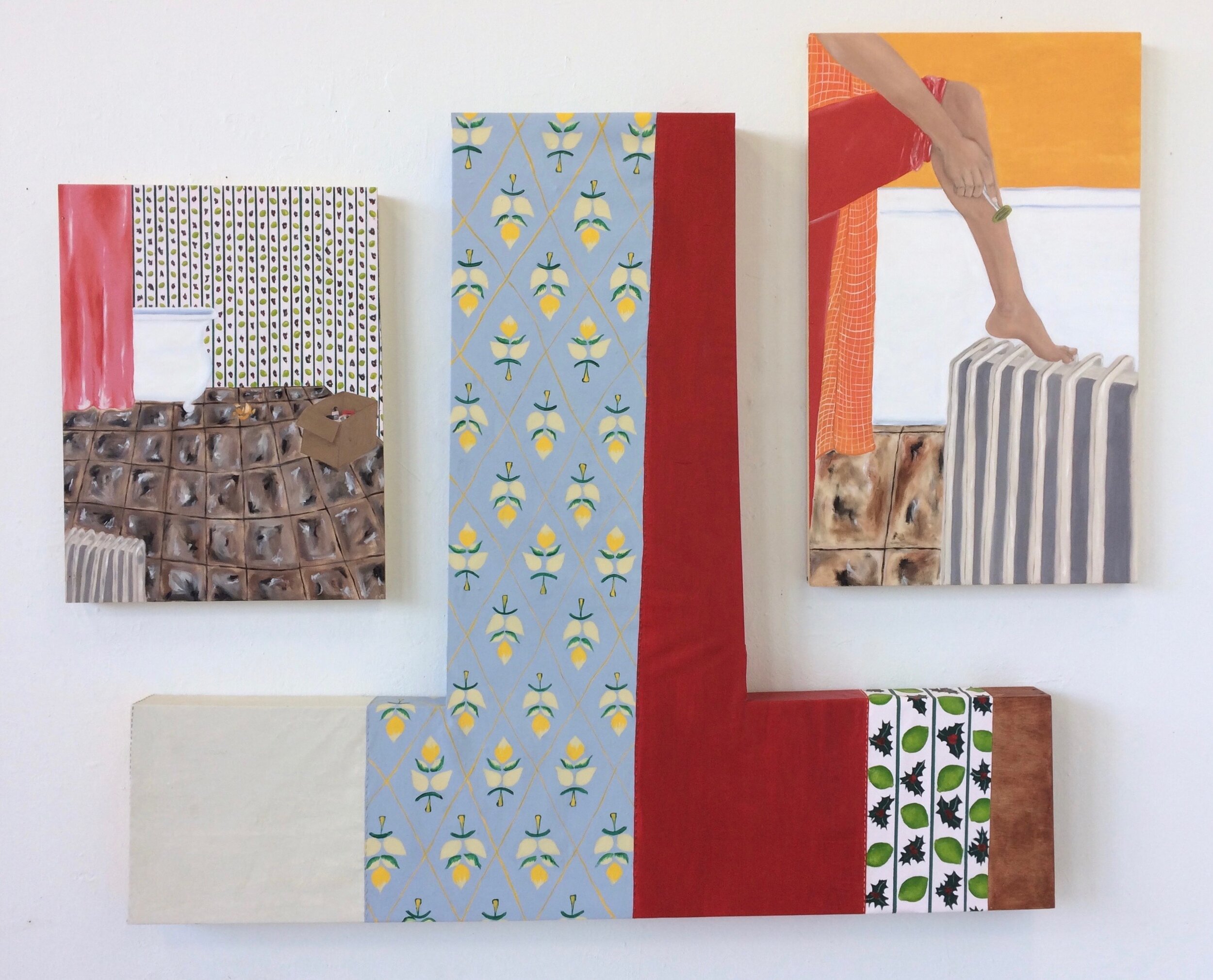 Untitled (triptych), 2017, house paint and oil paint, wood, fabric, 5 x 4 ft.
