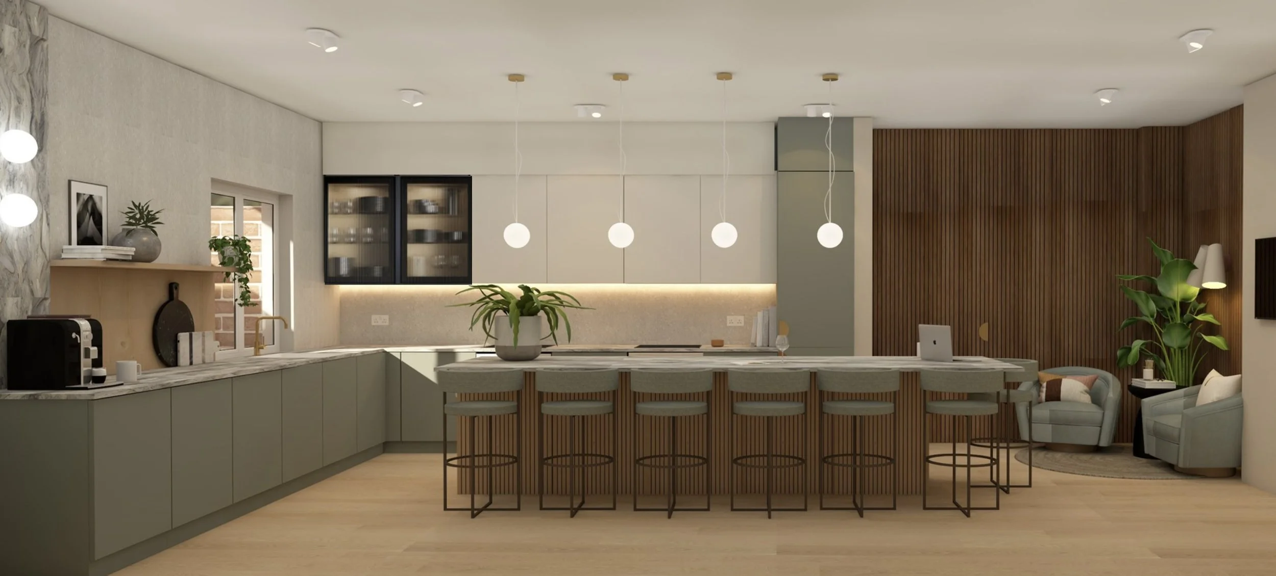 modern light photo of a kitchen interior design with an island and pendants hanging over it