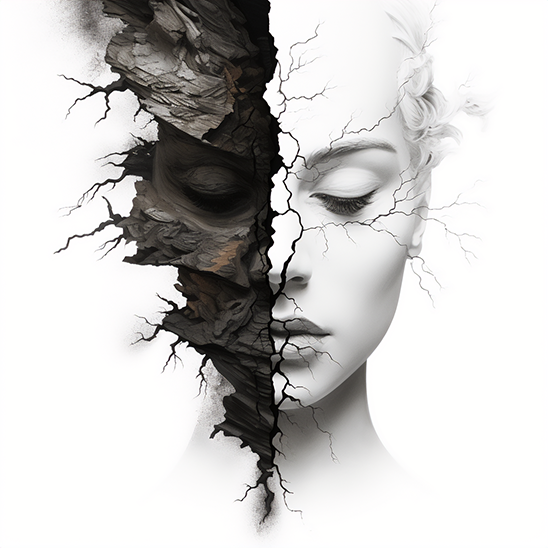 Silhouette of a person's profile with barren tree branches integrated into the face and hand, set against a light gray background with birds flying.