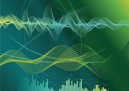 Abstract digital waveform and data visualization with green and blue tones.