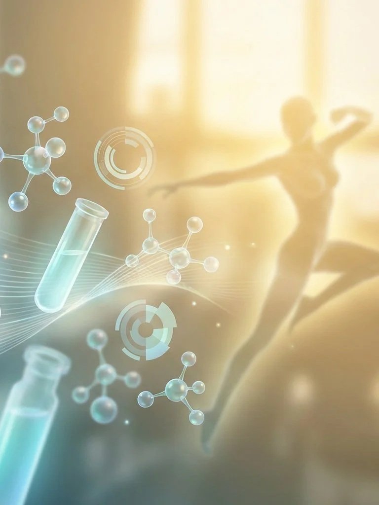 Silhouetted person stretching in front of a bright window, surrounded by digital science and chemistry graphics including molecules and lab equipment.