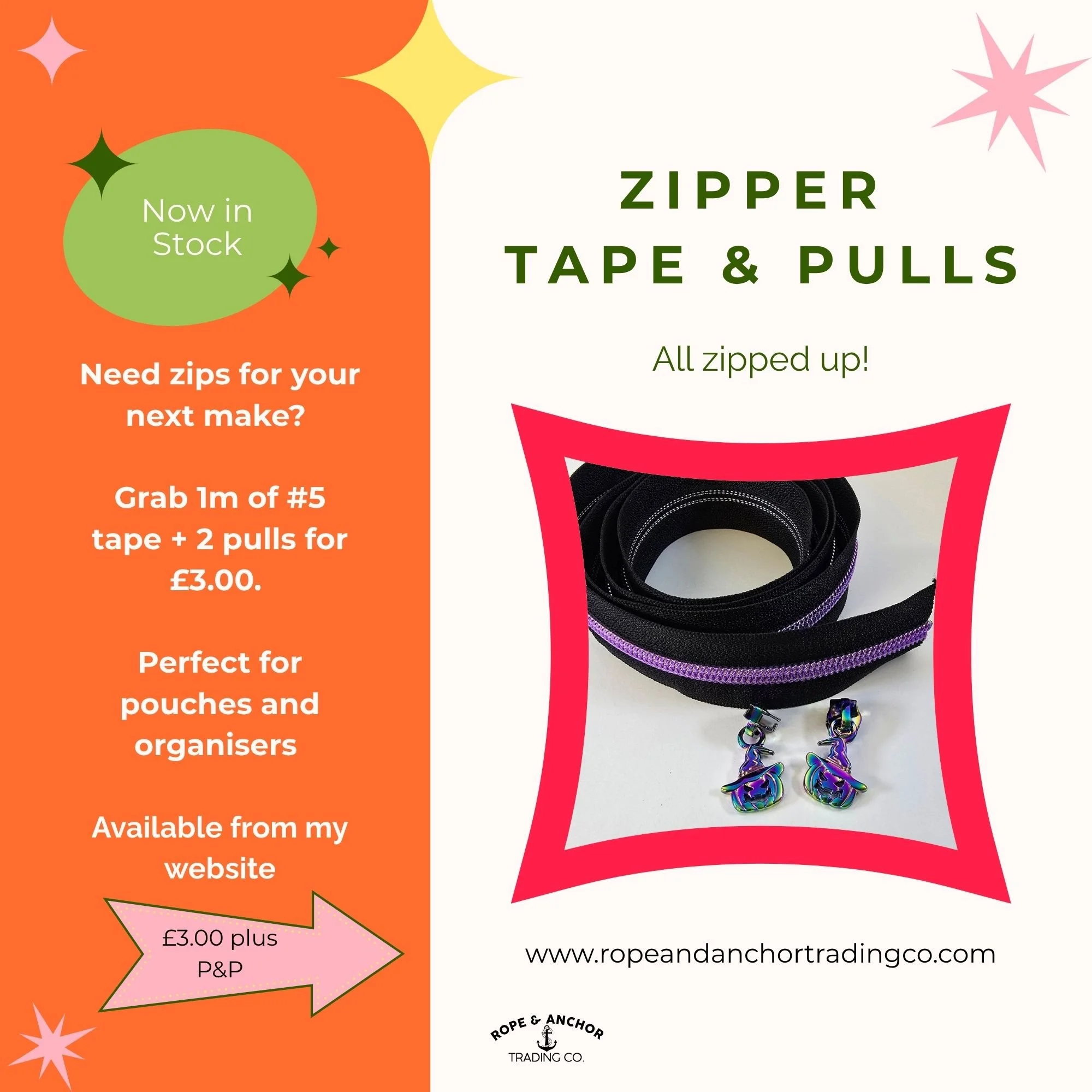 Zipper Tape and 2 Zipper Pulls - Black and Purple