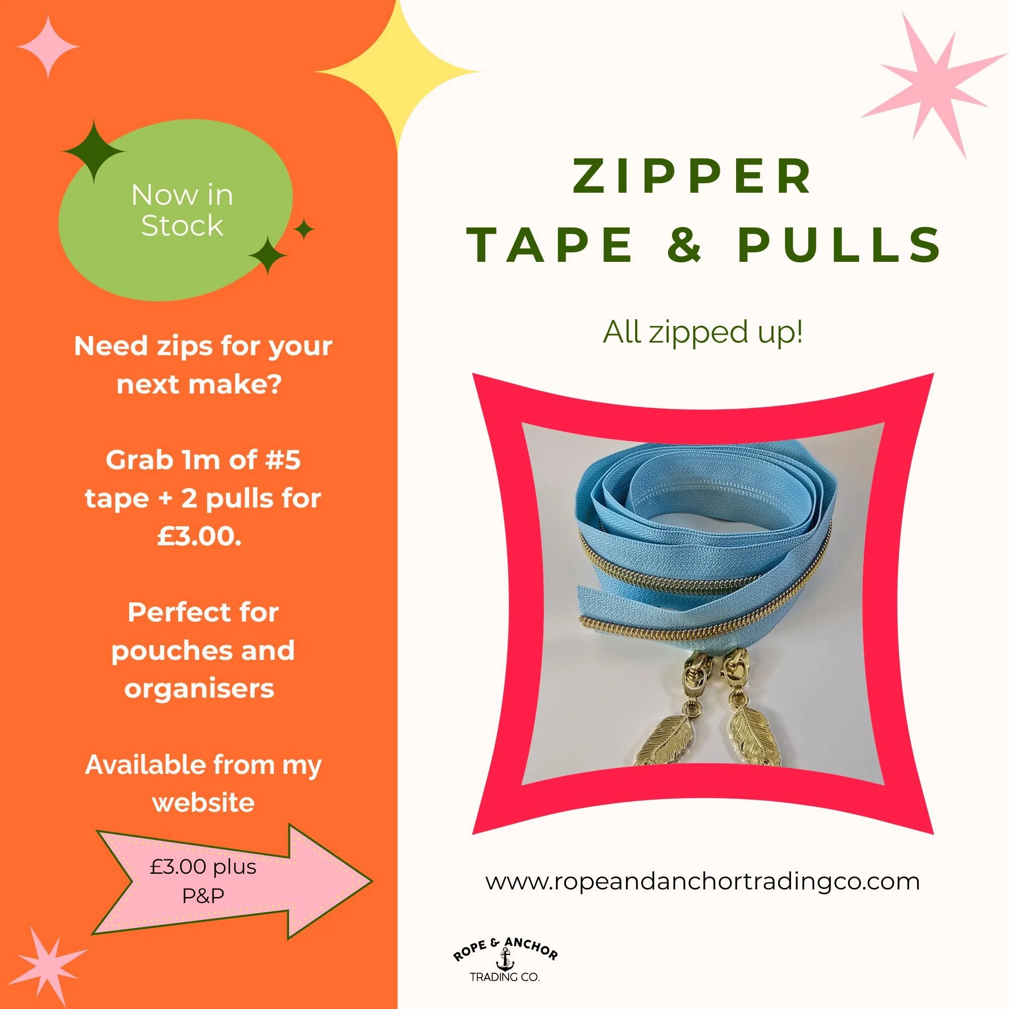 Zipper Tape and 2 Zipper Pulls - Blue and Gold