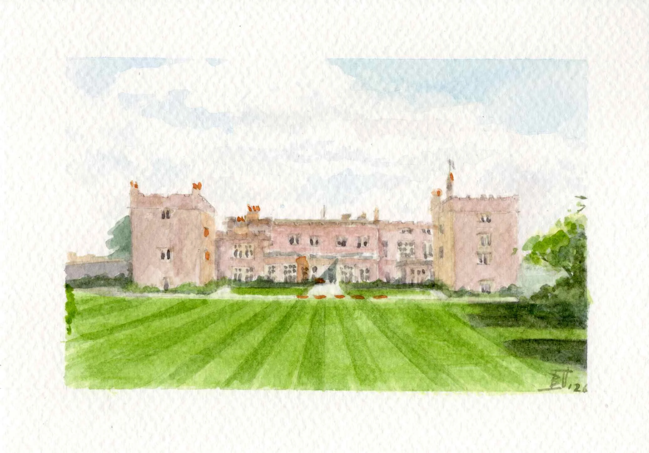 Watercolor painting of a large castle or manor with red roofs, set on a green lawn with a pathway leading up to it, under a cloudy sky.