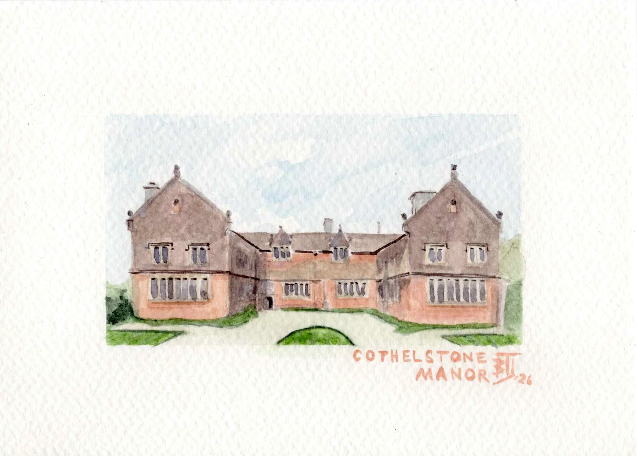 A watercolor painting of a large, historic stone manor with multiple gabled roofs and numerous windows, labeled 'Cothlstone St Manor' at the bottom.