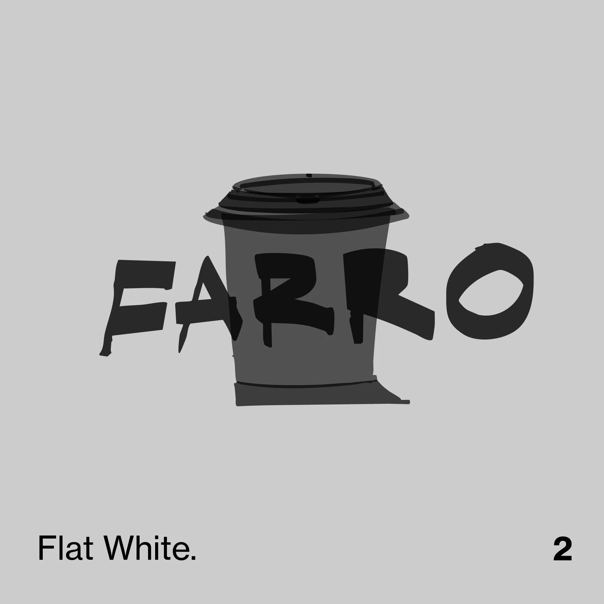 A flat white coffee drink in a dark cup on a gray background with partial text reading "Flat White" and the number "2" visible.