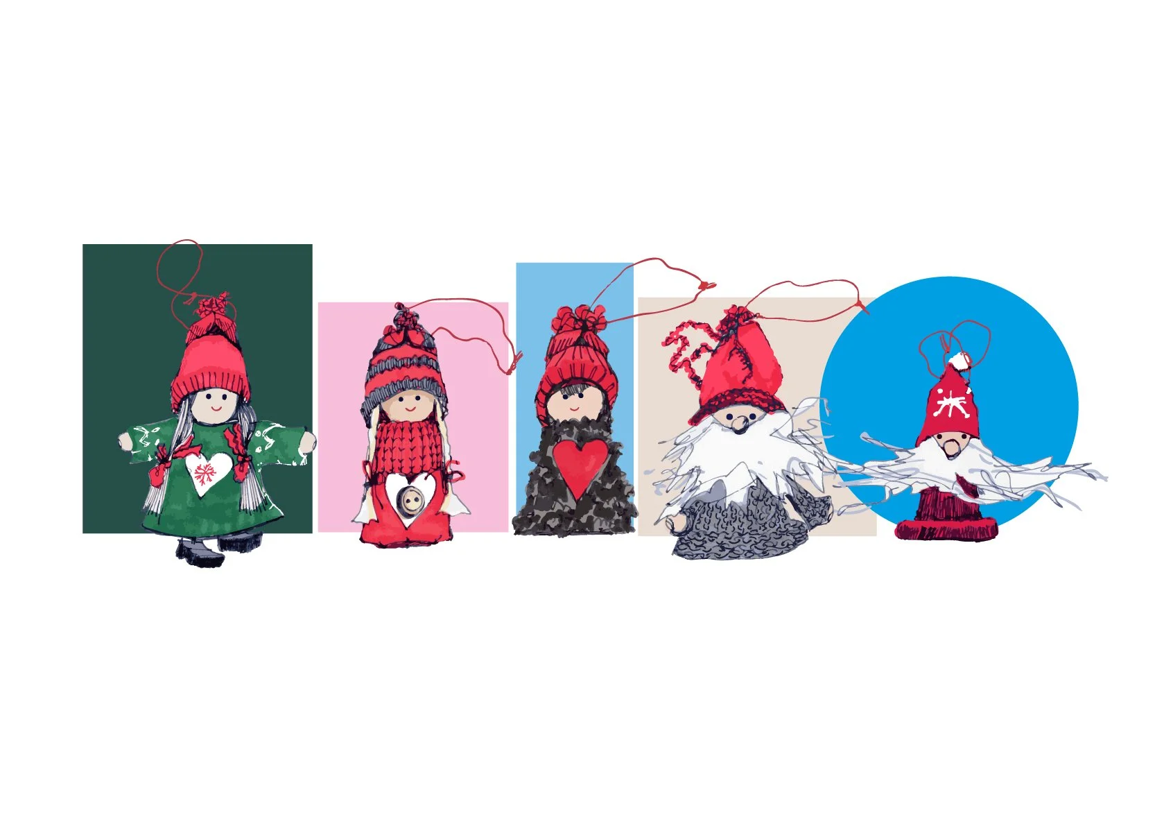 Five illustrated holiday characters, including children and animals, each wearing winter clothing and red and green hats, standing in front of colored backgrounds.