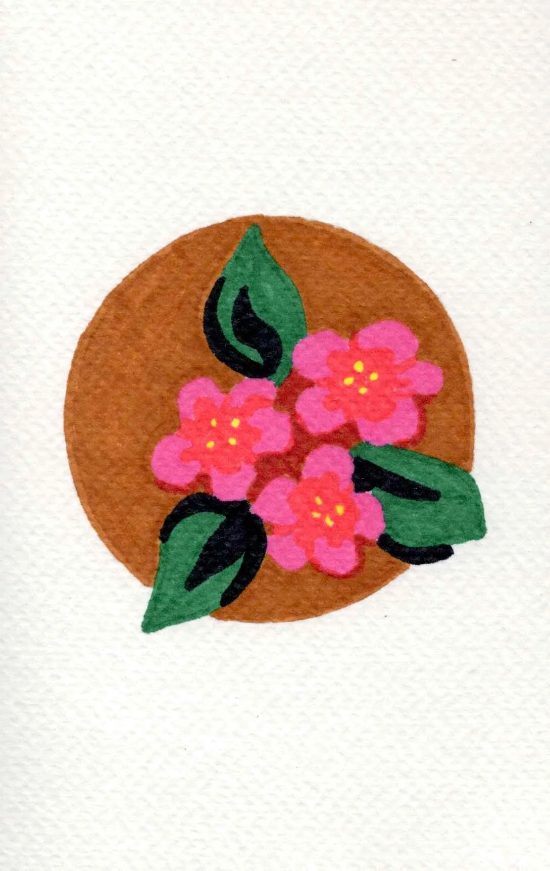 Hand-painted artwork of pink flowers with green leaves on a round brown background.
