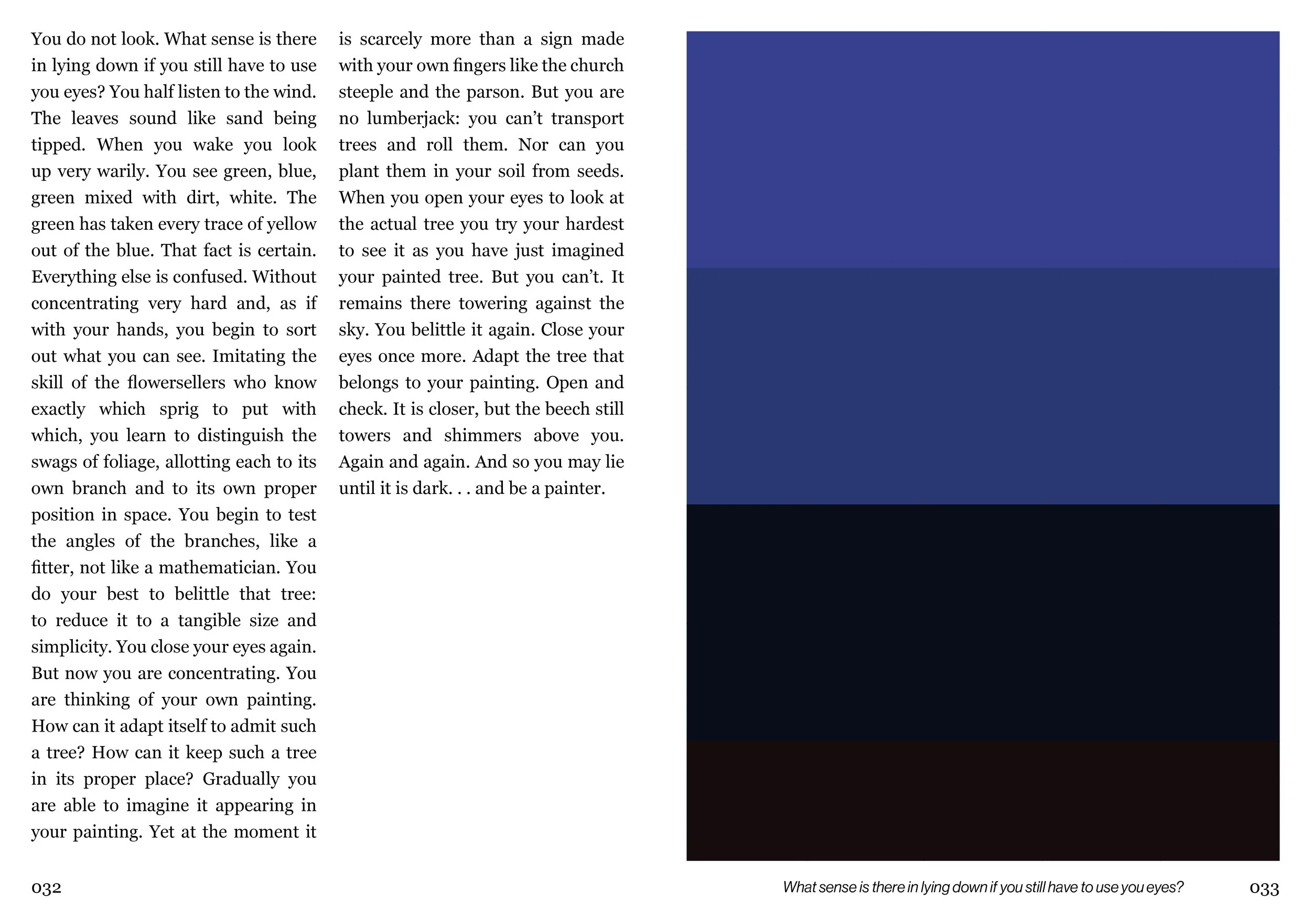 Open book pages with text about trees, painting, and seeing, with a large blue solid rectangle covering the right side of the right page.