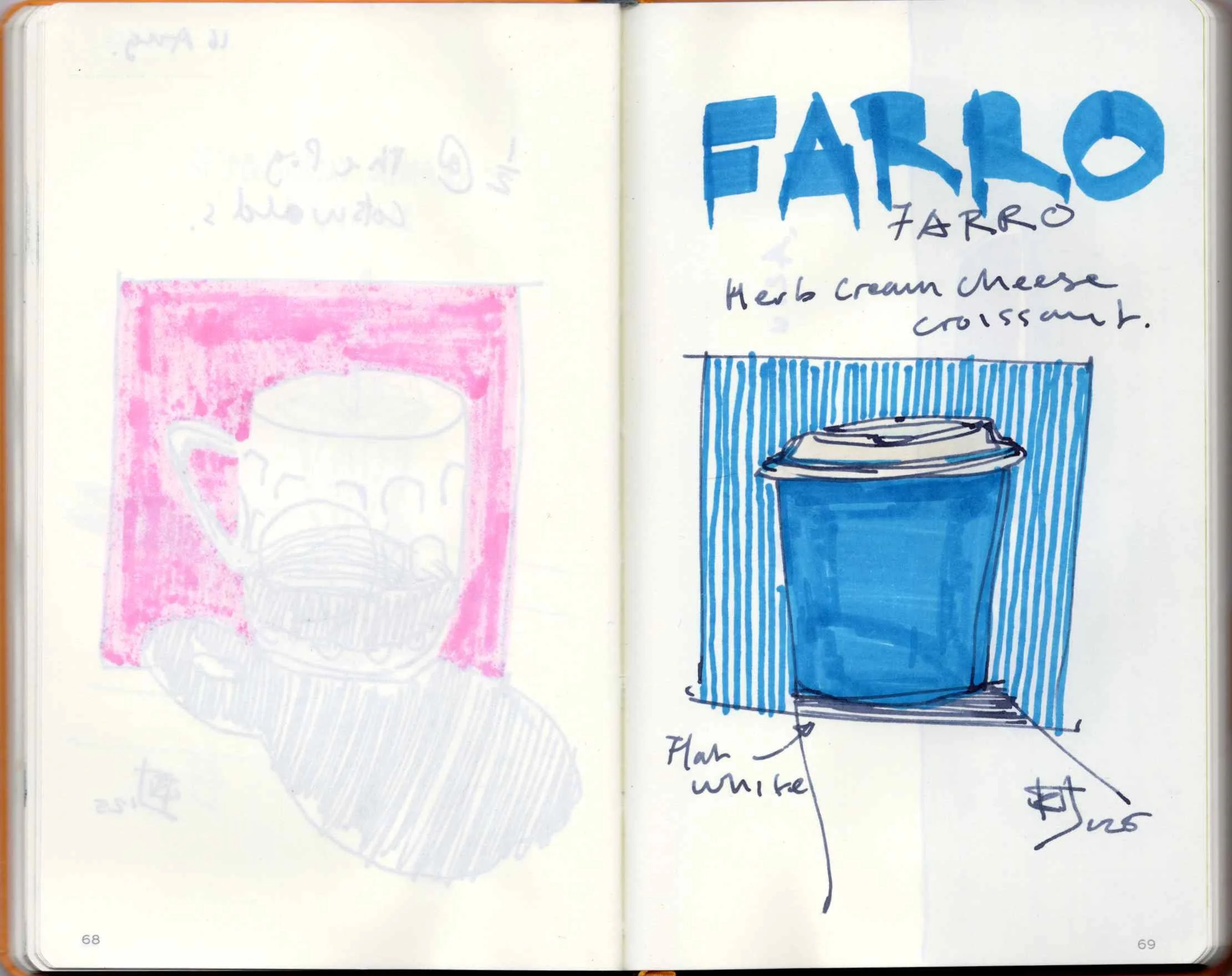 Hand-drawn illustration of a coffee cup on the left page with pink shading and cursive text; on the right page, bold blue lettering spelling "FARRO" and a blue illustration of a coffee cup with a striped background, along with handwritten notes.