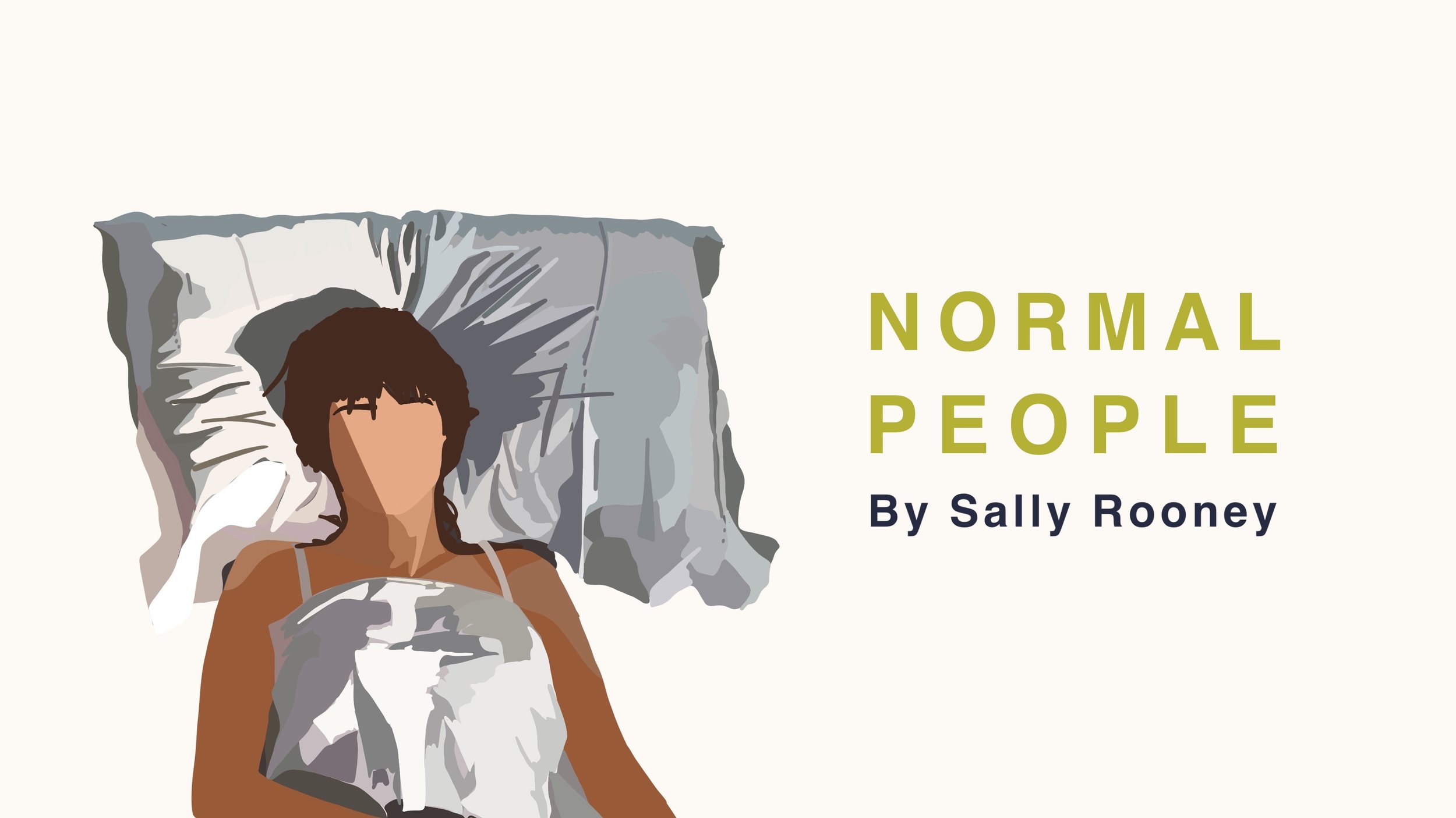 Book cover illustration of a woman lying in bed, resting her head on a pillow, with the title 'Normal People' by Sally Rooney displayed to the right.