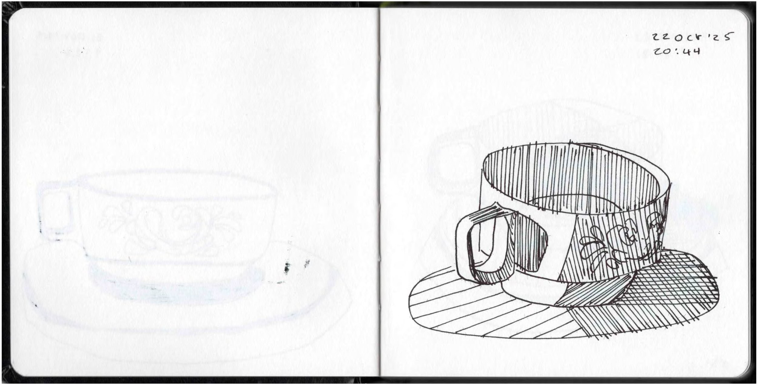 A sketch of a teacup with a floral pattern, placed on a saucer with a striped design, drawn with black ink on a white background. The drawing is on the right page of an open sketchbook, with a faint dashed outline of the same teacup on the left page.