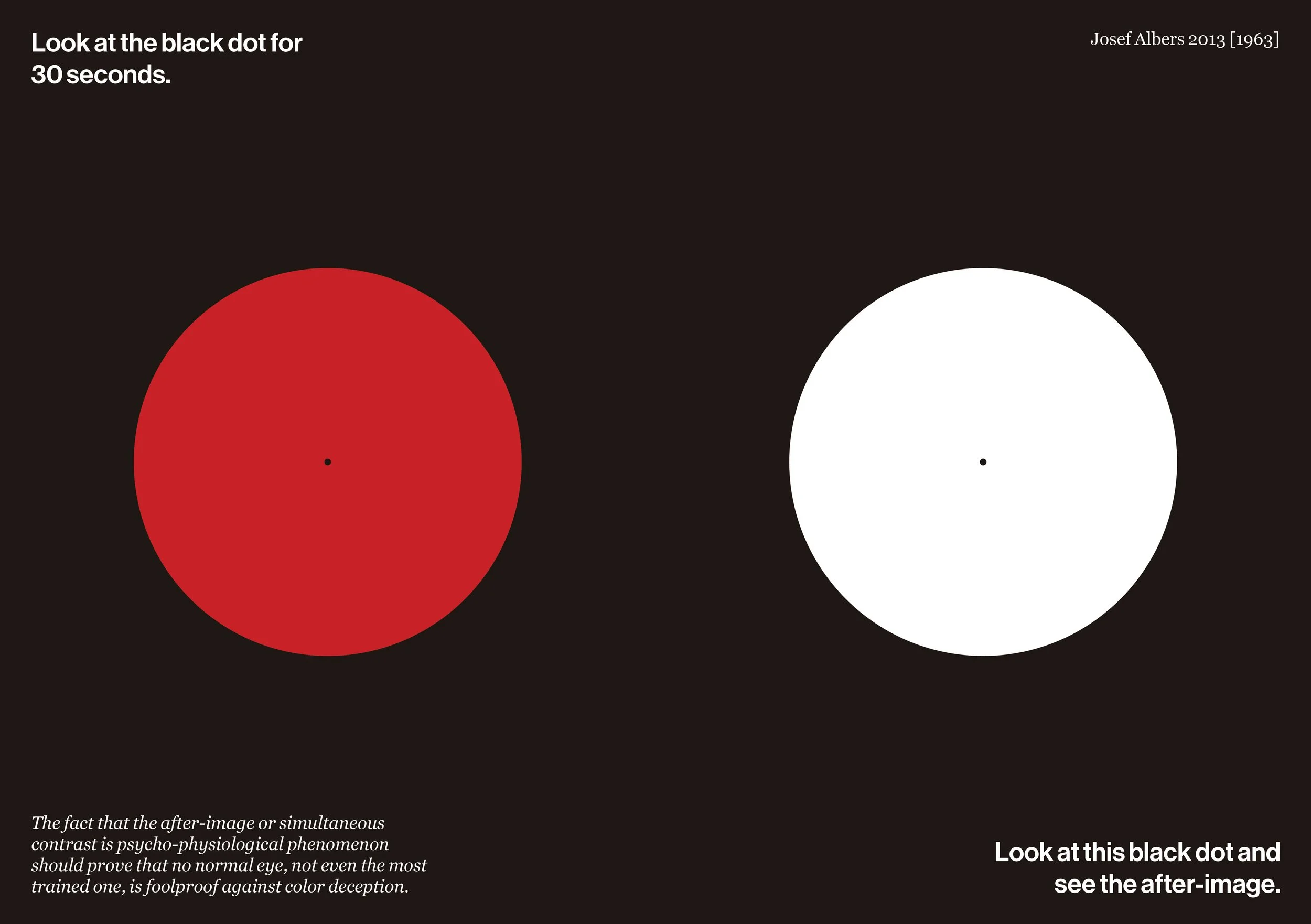 Two large circles, one red and one white, with small black dots in the center of each, against a black background. Text above and below instructs viewers to look at the black dot for 30 seconds and then observe the after-image.