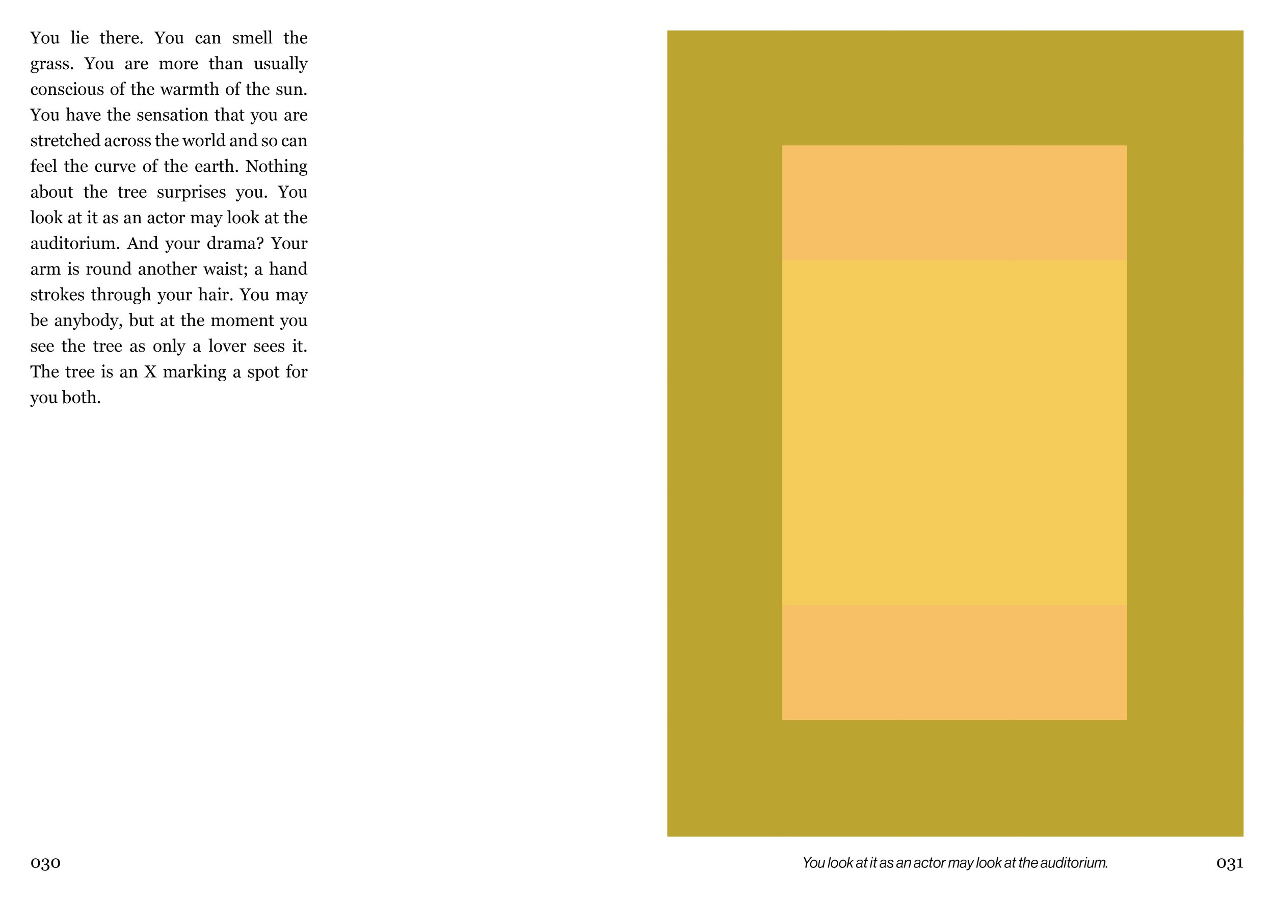 Two pages from a book showing a colorful geometric illustration on the right and text on the left. The text describes the sensation of lying in a grassy field and observing a tree.