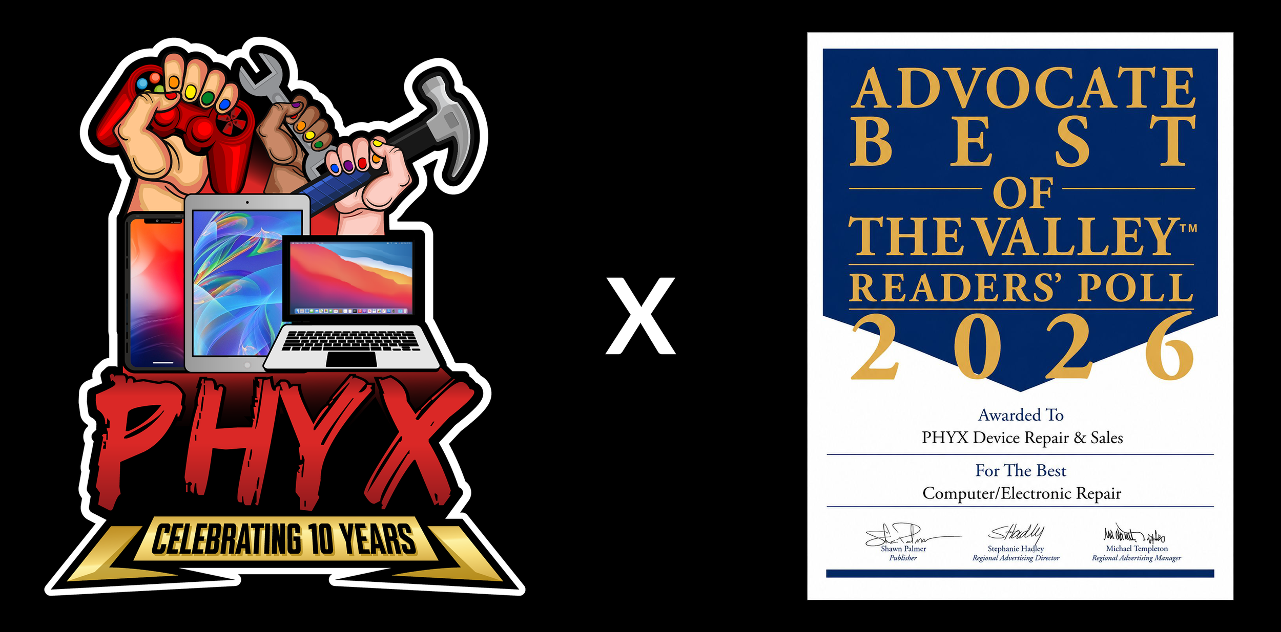 Celebrating 10 years of PHYX device repair with an award certificate citing them as the Best Phone and Computer Repair Shop in the Pioneer Valley for 2026, issued by the Valley Advocate which shows trust and dependability.
