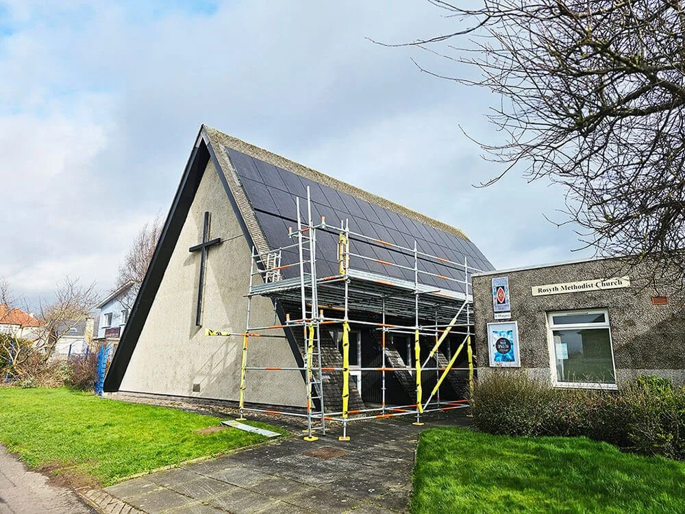 Rosyth Methodist Church during installation of solar PV panels