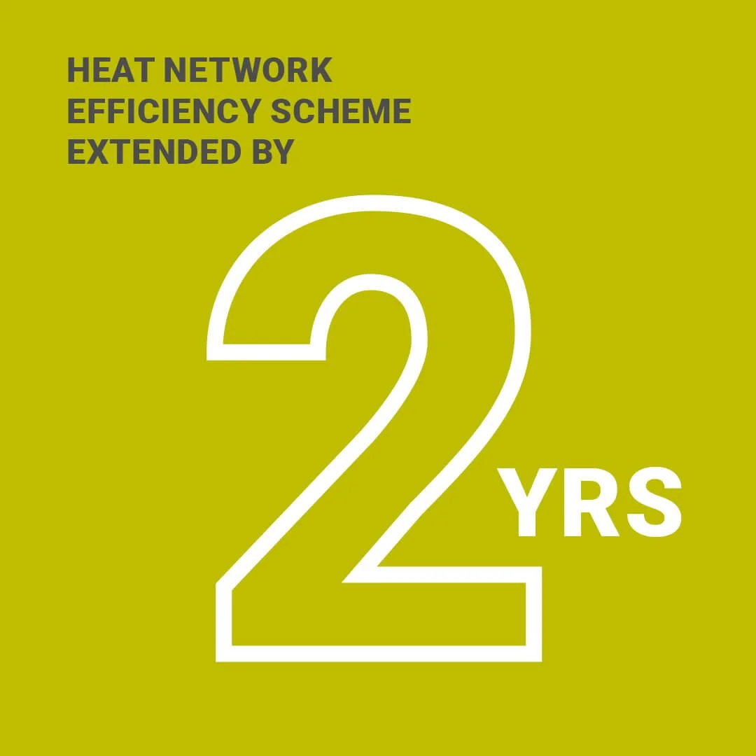 Icon reading Heat Network Efficiency Scheme extended by 2 yrs
