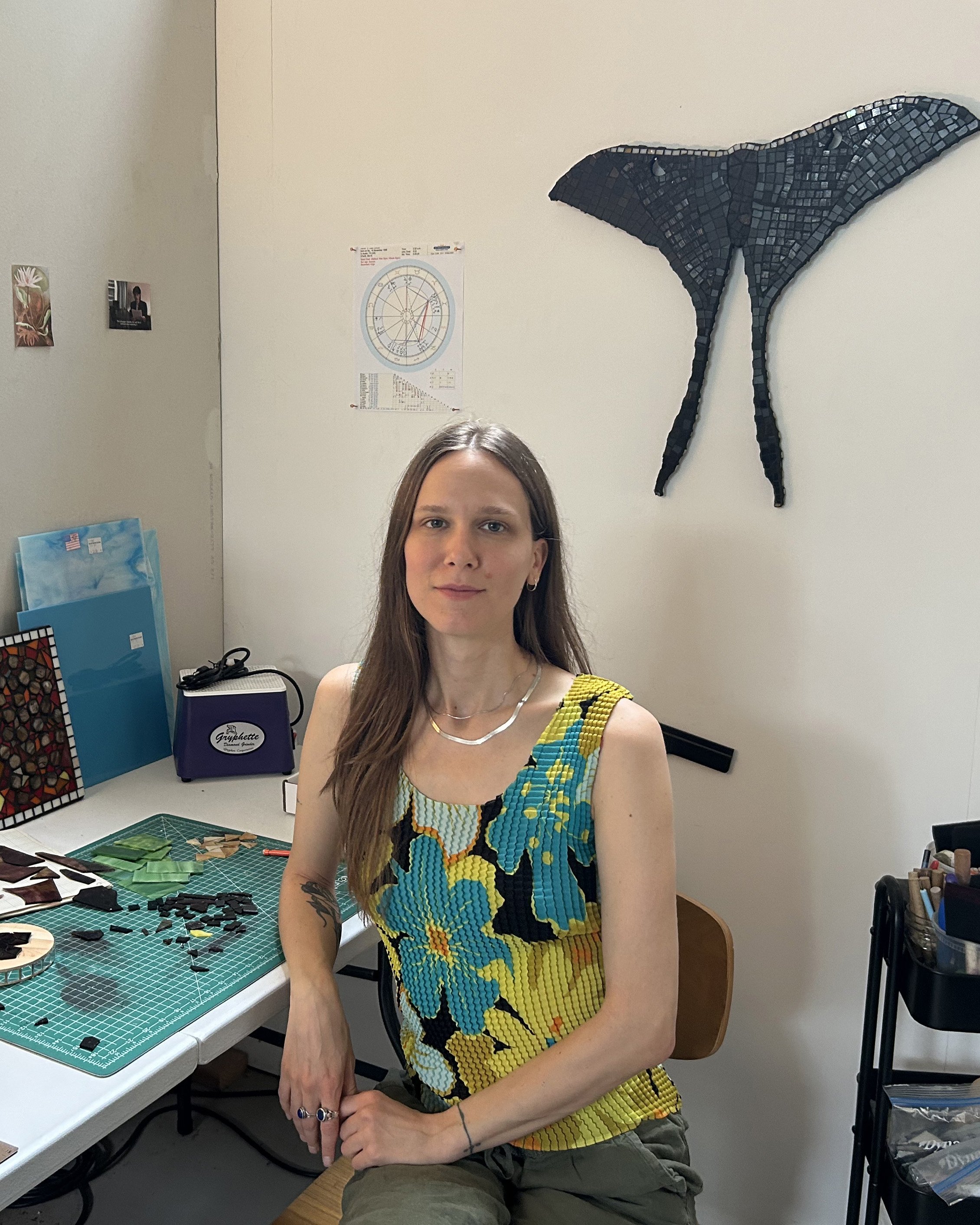 Portrait of artist Leah Shirley in her studio.