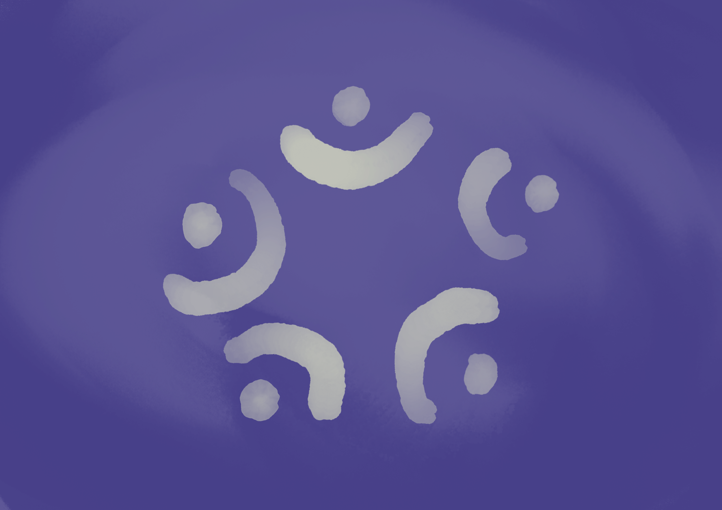 Et blått bilde med hvite smilefjes og kurver som danner en abstrakt form.