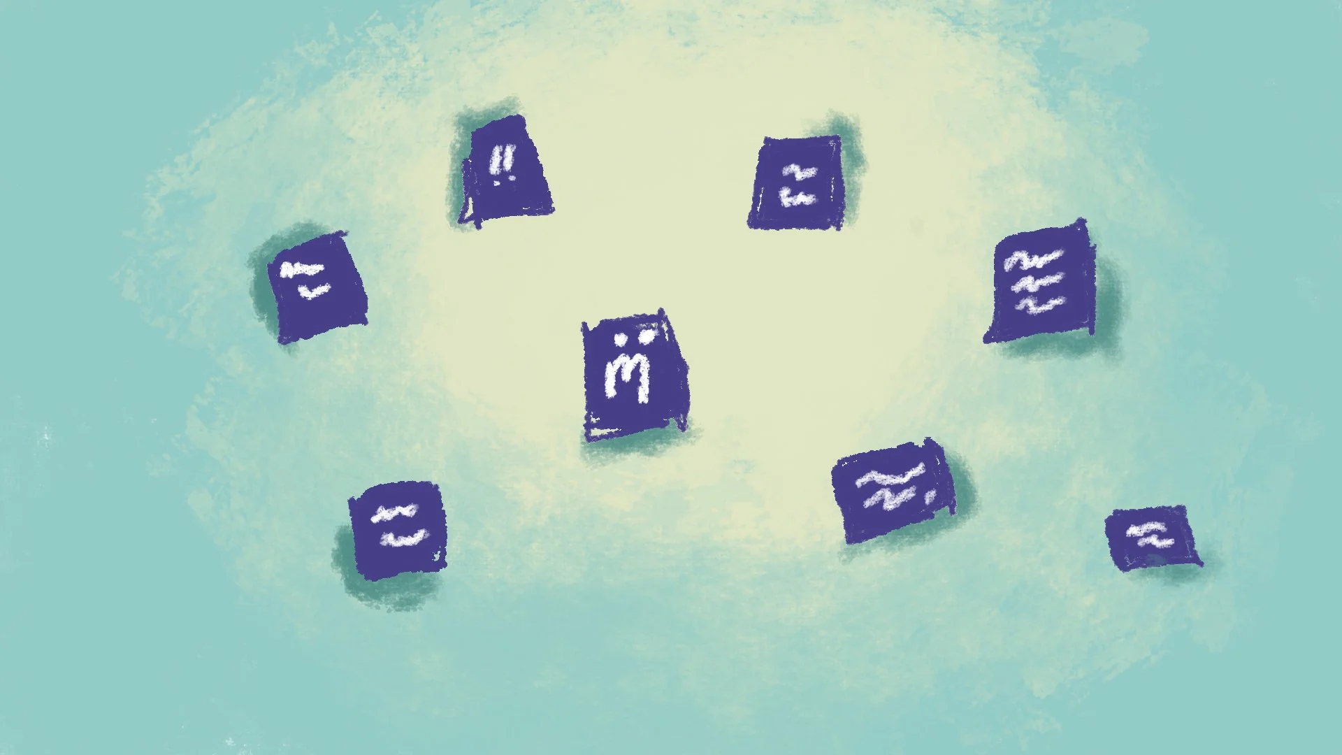 Illustrasjon av syv mørkeblå bokser med hvite linjer på en lyseblå bakgrunn.