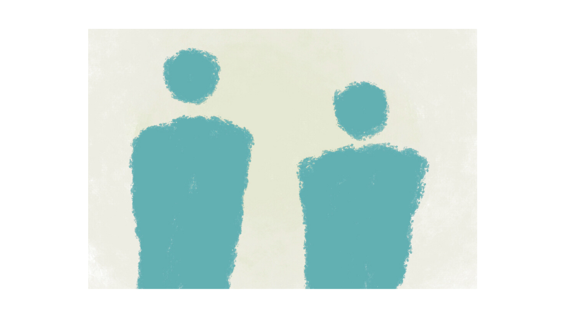 Abstrakte illustrasjon av to personer i blå nyanse med minimalistisk design, uten detaljerte ansikter, mot en lys bakgrunn.