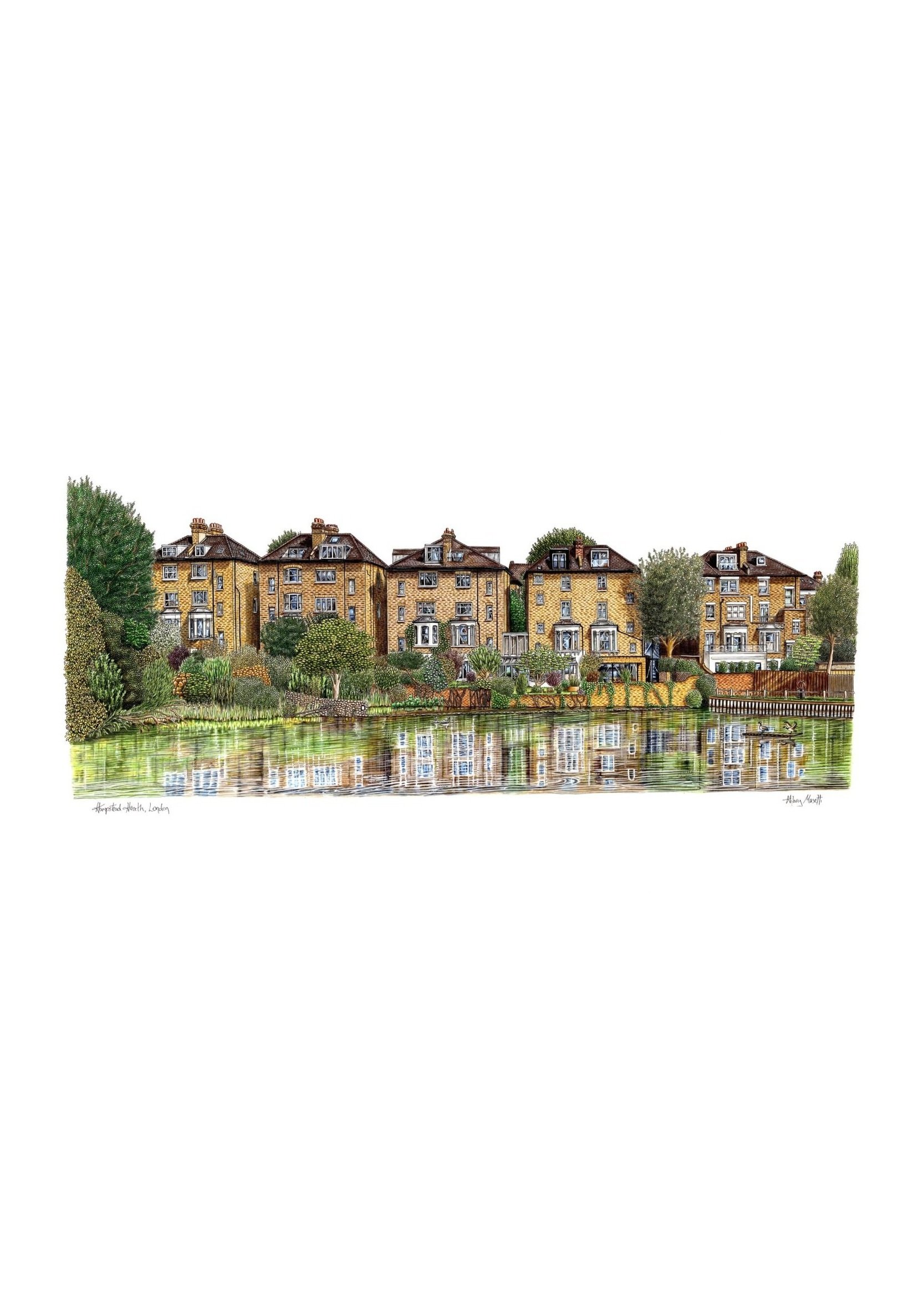 'Reflections of Hampstead Heath' hand-drawn by Hilary Sketches (artist Hilary Masetti) prints available to by at www.hilarysketches.co.uk