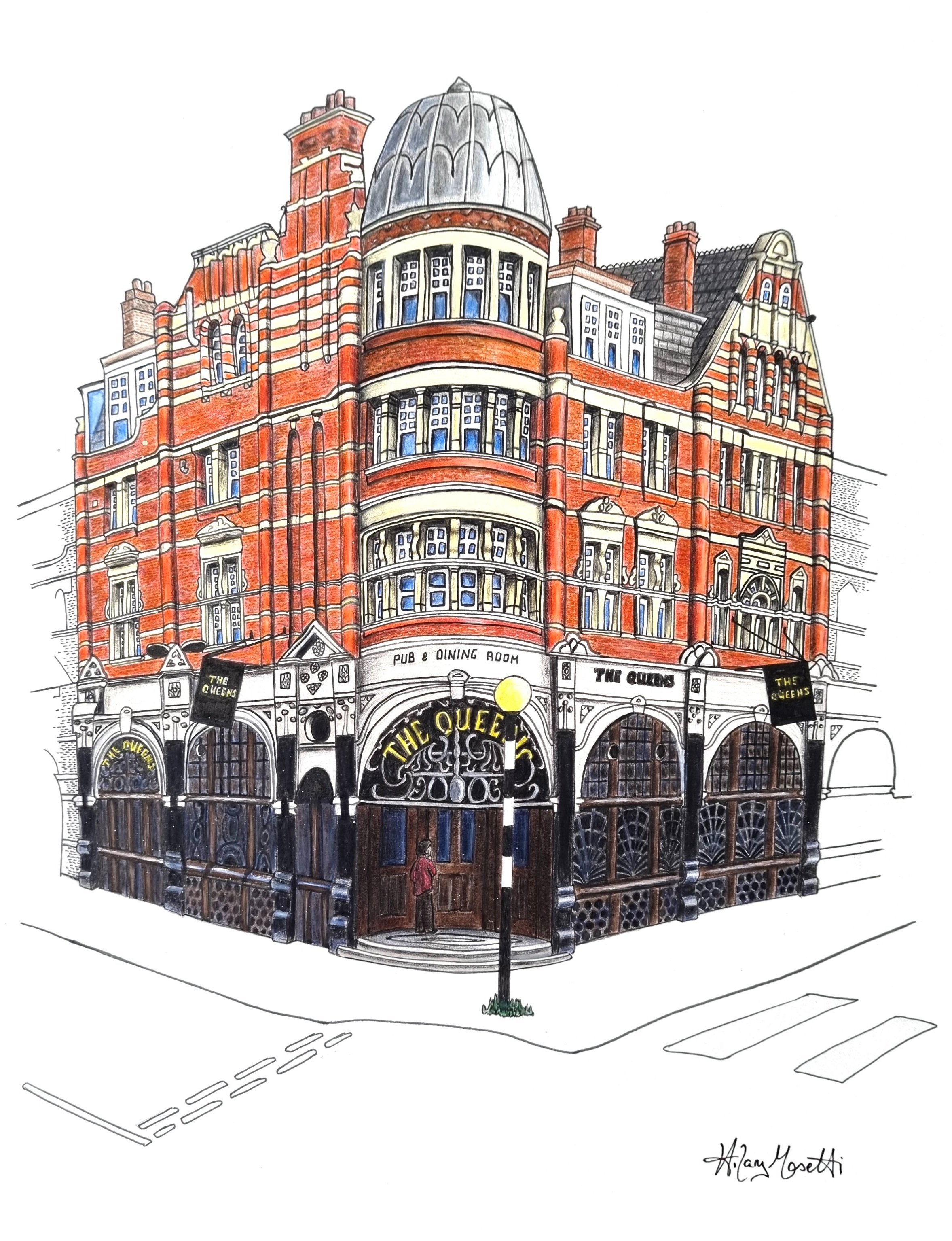 The Queens pub, Crouch End. Art print by Hilary Sketches (artist Hilary Masetti). Drawn using ink and watercolour pencil, it captures the stunning detail in this iconic Crouch End building. (Copy)