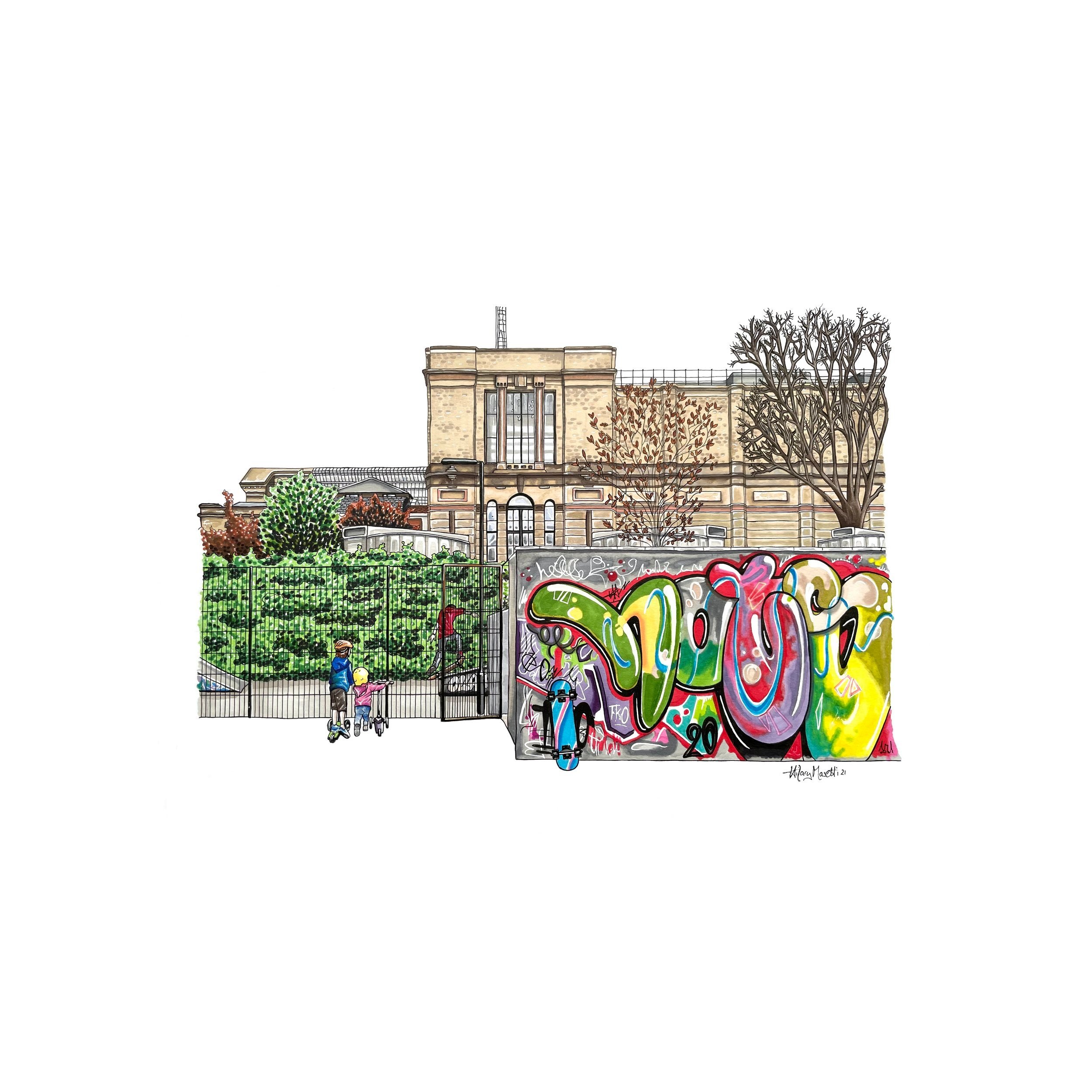 Ally Pally Skatepark art print Hilary Sketches (artist Hilary Masetti). This vibrant drawing uses ink and promarker and shows off the old and the new beautifully. (Copy)
