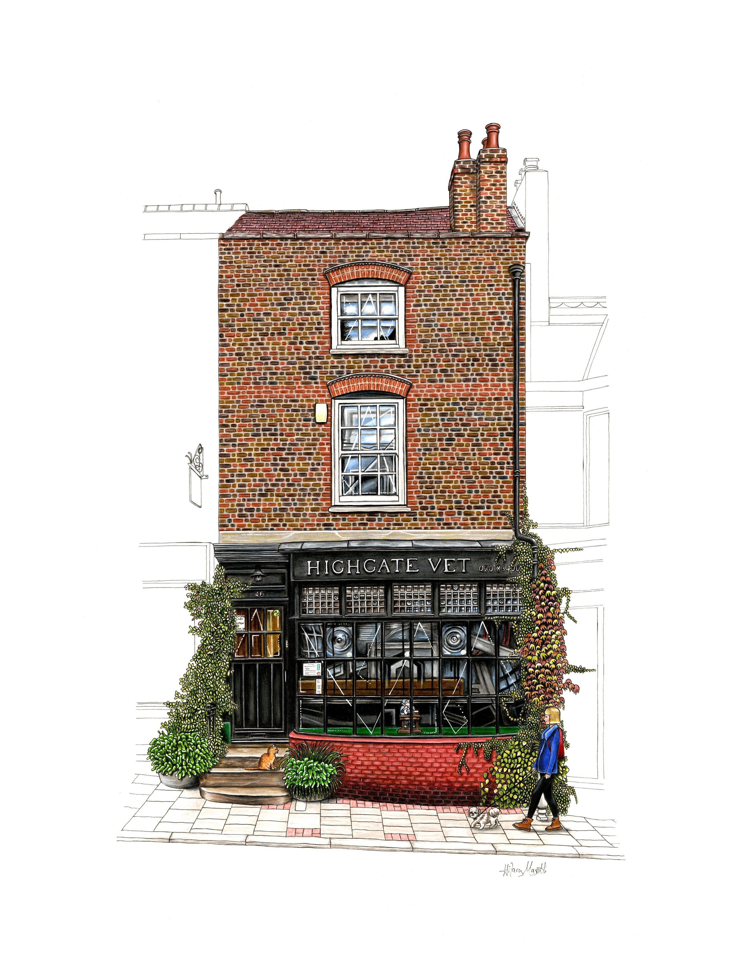 Highgate Vet, Highgate Village by Hilary Sketches (artist Hilary Masetti). Giclee prints available to buy at www.hilarysketches.co.uk