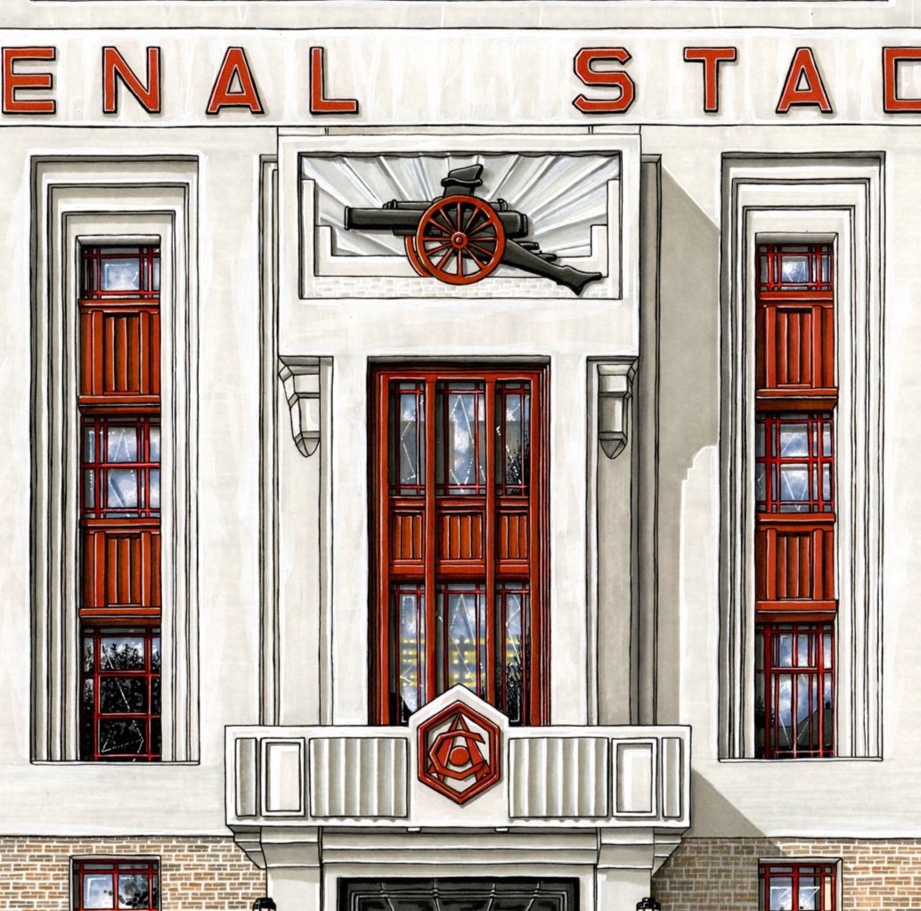 Highbury Square, Arsenal Stadium 1913-2006 by Hilary Sketches (artist Hilary Masetti) (Copy)