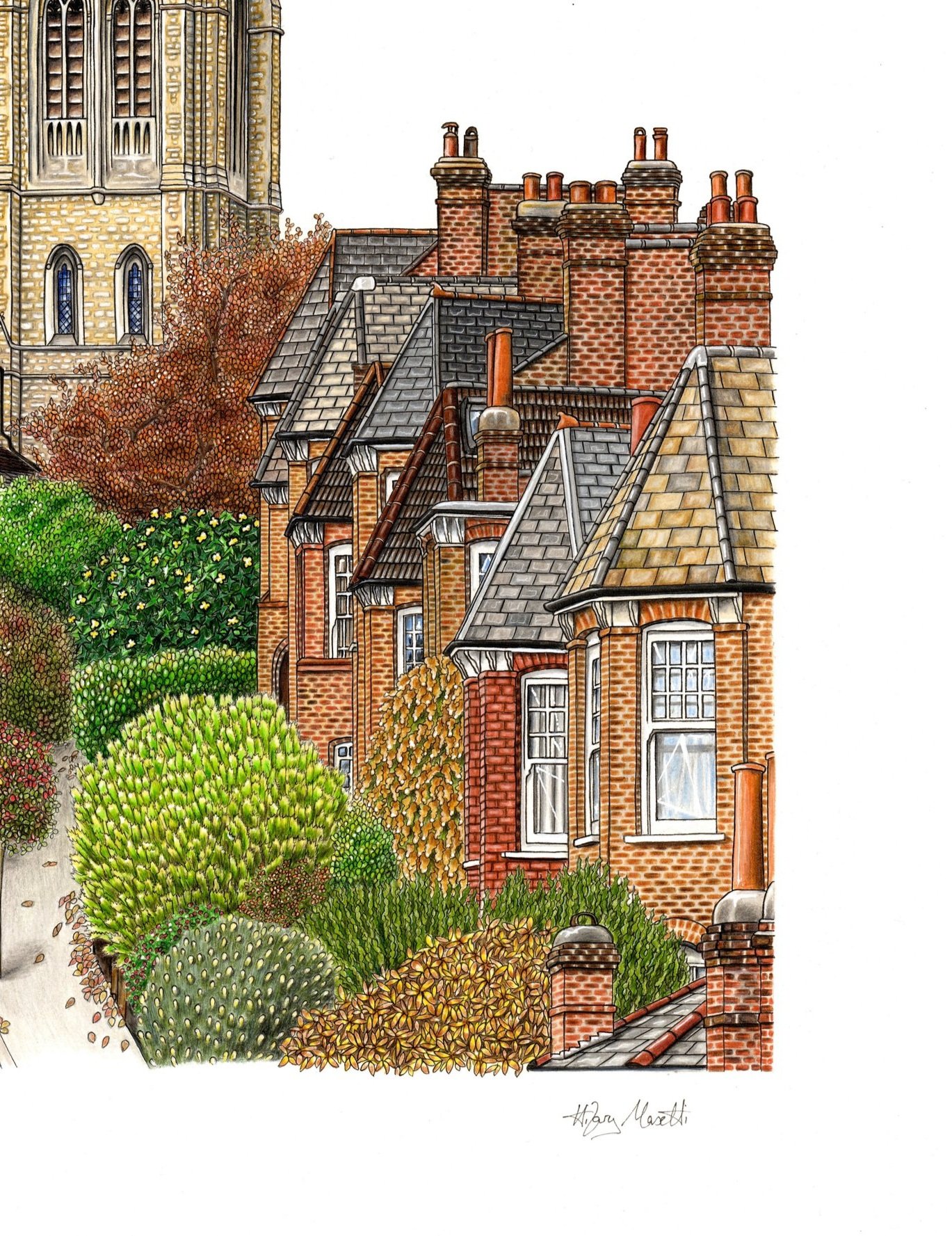 St James's Lane, Muswell Hill by Hilary Sketches (artist Hilary Masetti). Hand-drawn using ink and watercolour pencil. Giclee prints are available to buy on Hilary's website www.hilarysketches.co.uk