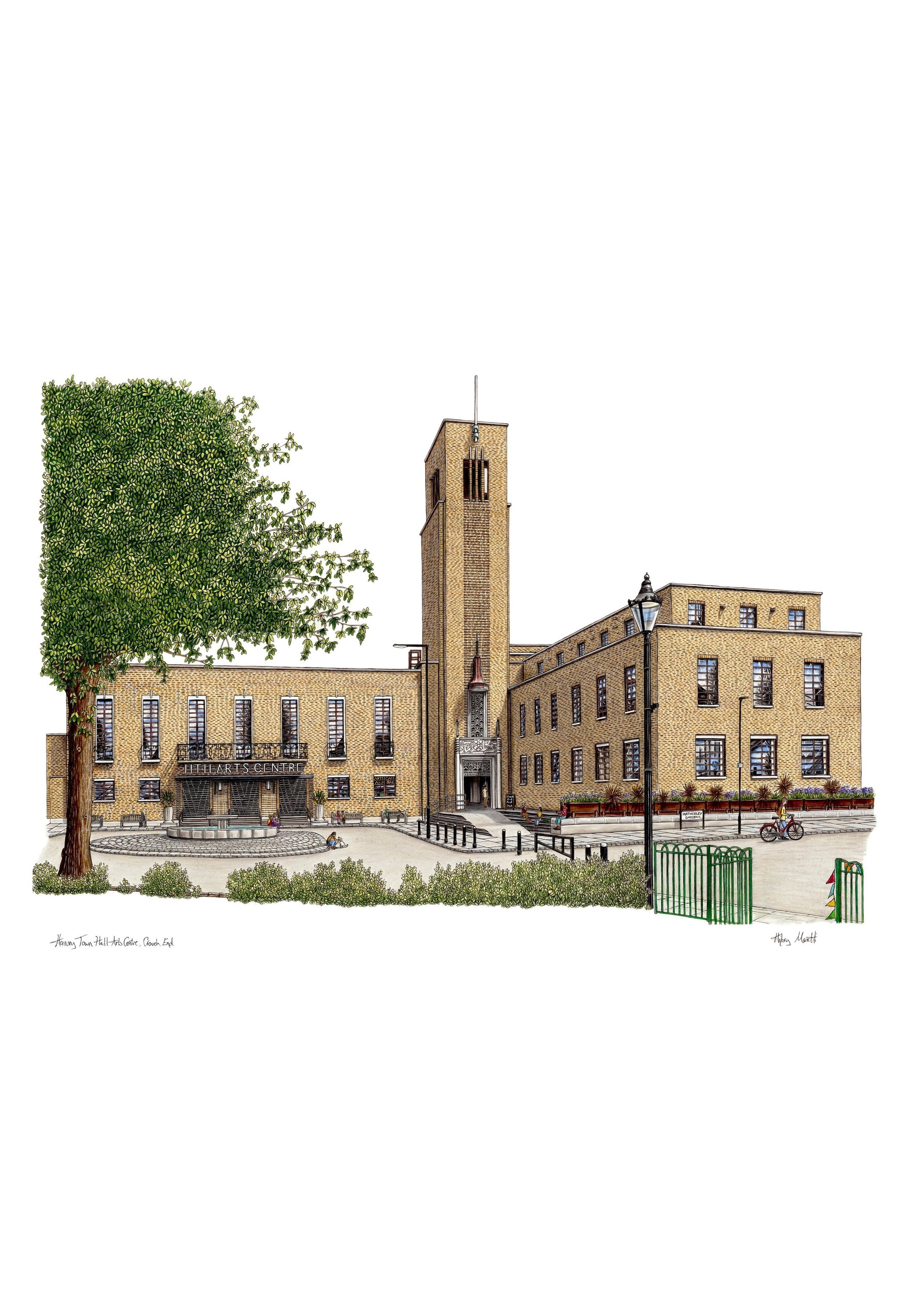 Hornsey Town Hall, hand drawn with ink and watercolour pencil by Hilary Sketches (artist Hilary Masetti)
