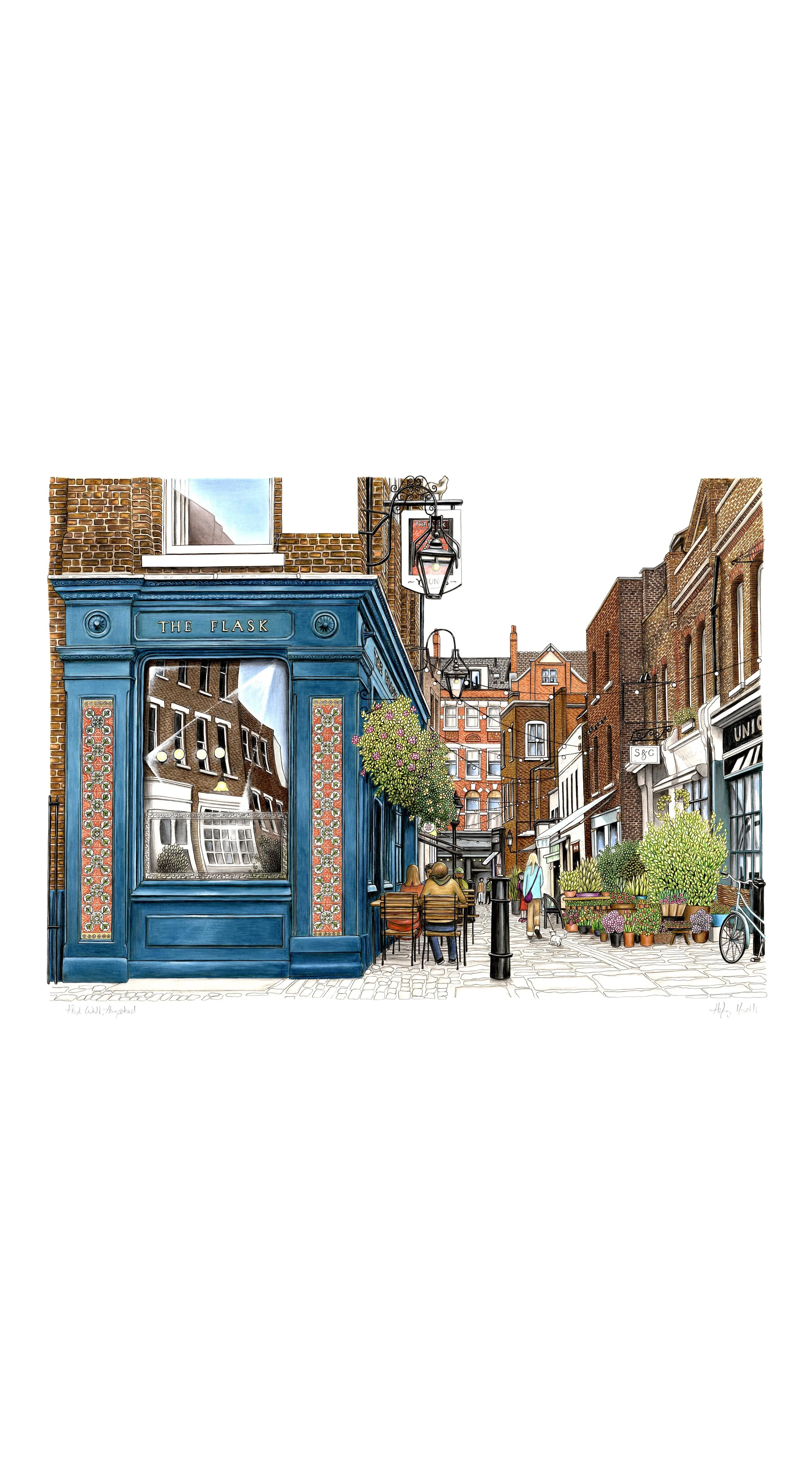 Hilary Masetti - Flask Walk, Hampstead ink and pencil drawing giclee prints available to buy www.hilarysketches.co.uk